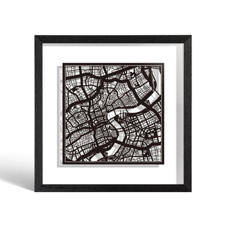 o3designstudio Shanghai Paper cut map framed 9 inch Black map Black frame map art 22MF1002BB