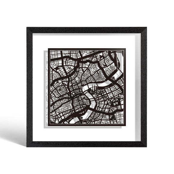 o3designstudio Shanghai Paper cut map framed 9 inch Black map Black frame map art 22MF1002BB
