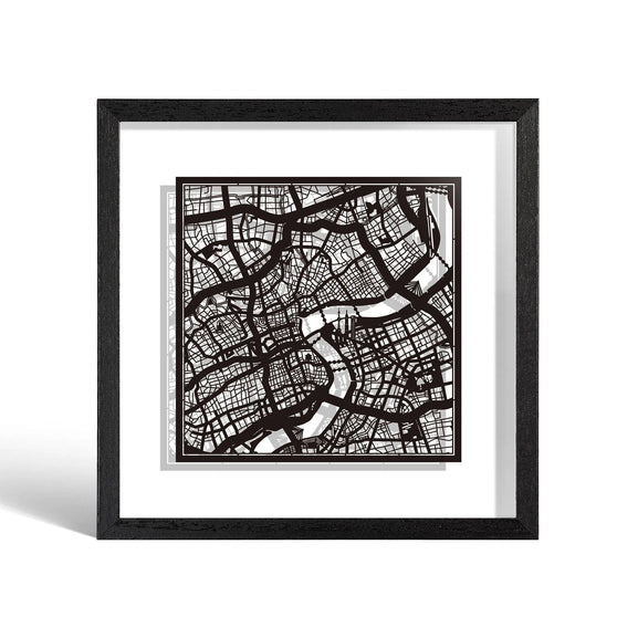 o3designstudio Shanghai Paper cut map framed 9 inch Black map Black frame map art 22MF1002BB