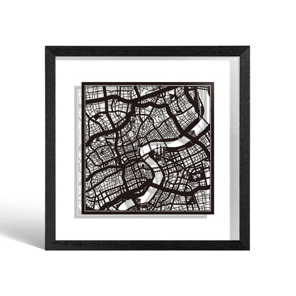 o3designstudio Shanghai Paper cut map framed 9 inch Black map Black frame map art 22MF1002BB