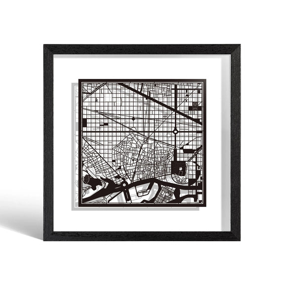 o3designstudio Barcelona Paper cut map framed 9 inch Black map Black frame map art 22MF3005BB
