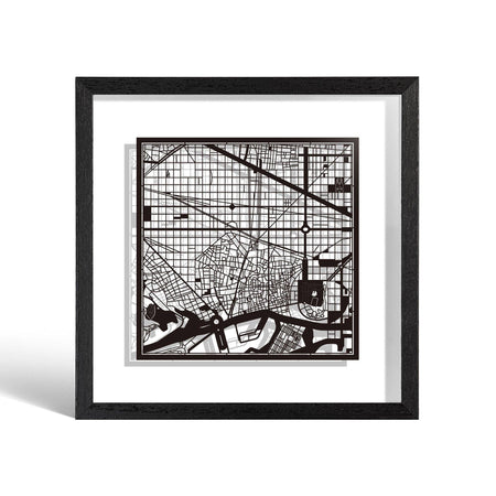o3designstudio Barcelona Paper cut map framed 9 inch Black map Black frame map art 22MF3005BB