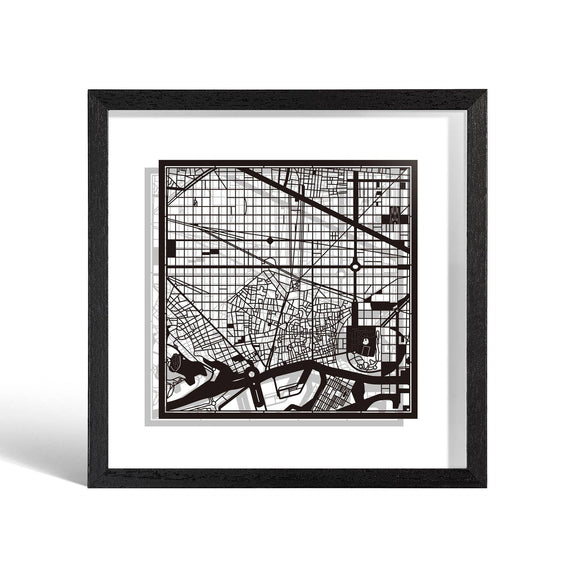 o3designstudio Barcelona Paper cut map framed 9 inch Black map Black frame map art 22MF3005BB
