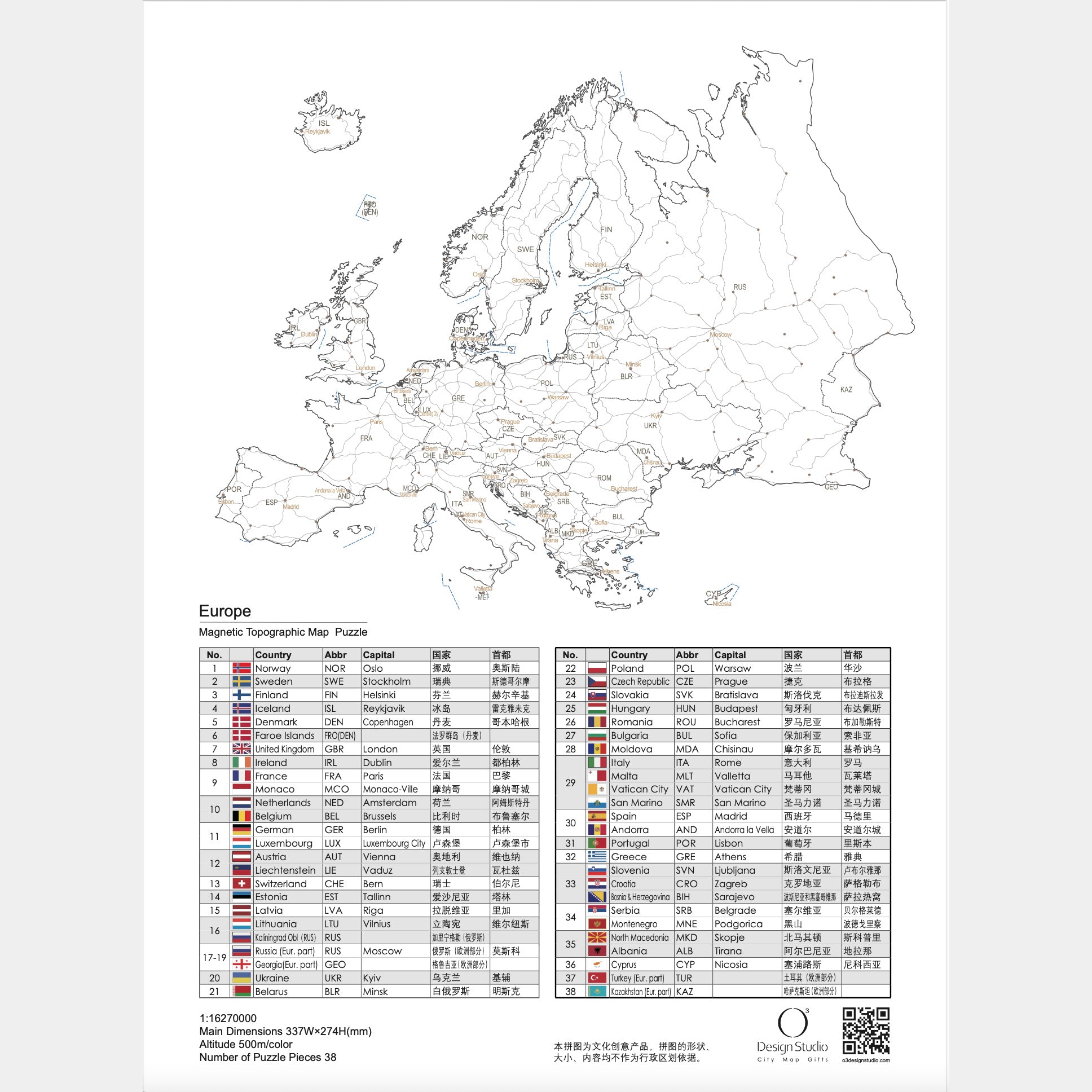 Europe Puzzle Piece Refrigerator Magnet | 38 Piece Acrylic Puzzle | Topographic Contours