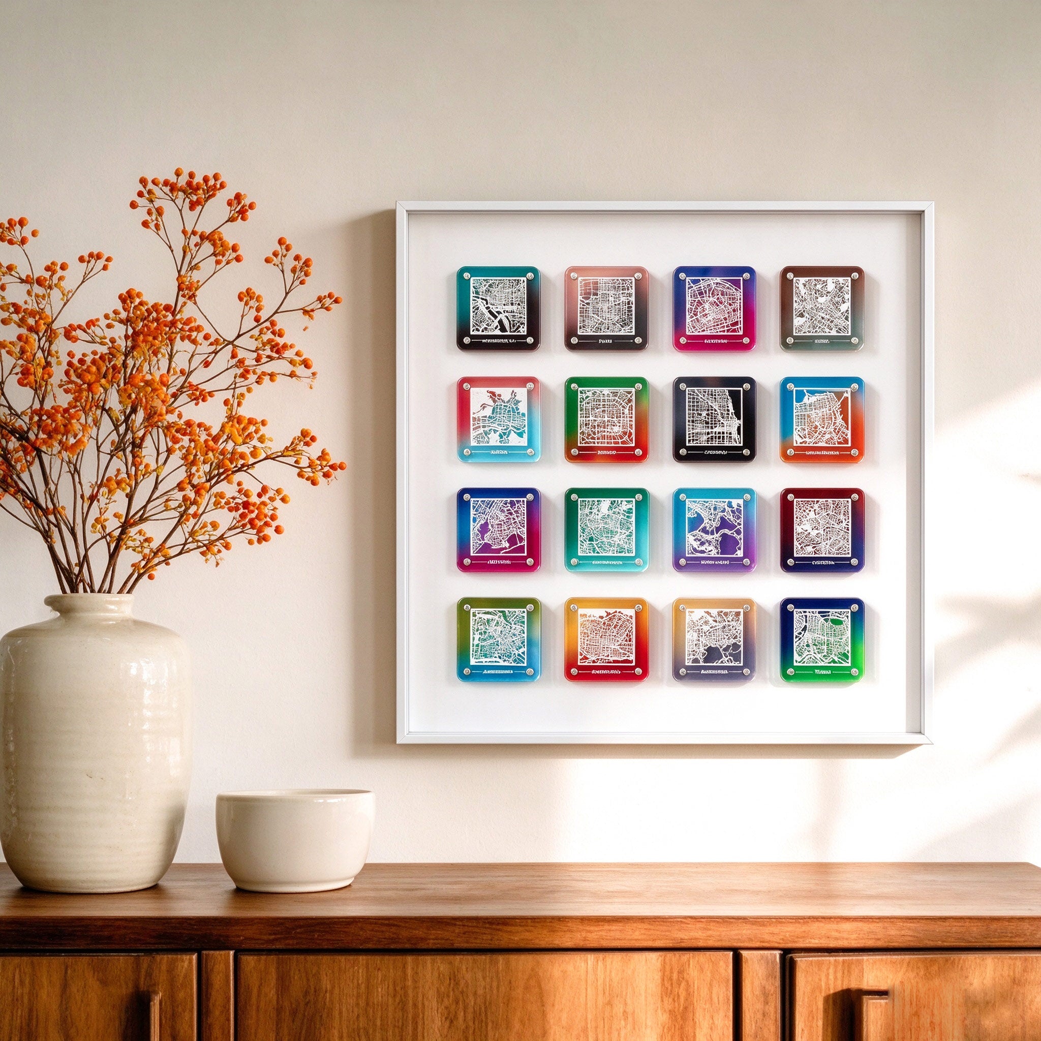 o3designstudio 16-Piece Magnetic Frame Display  paper-cut city map fridge magnet, gradient acrylic frame, delicate hollow street map travel souvenir