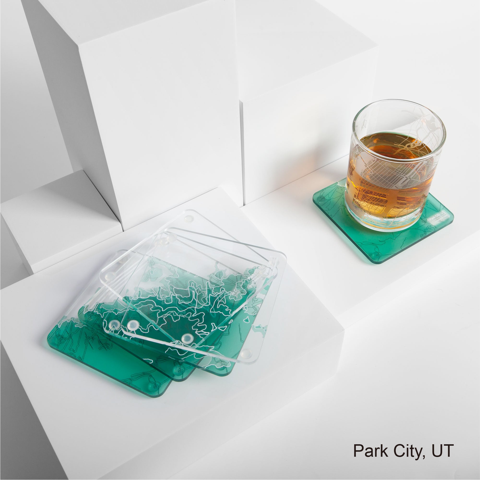 3D Contour Map Glass Drink Coasters of Mountains, Ski Resort, set of 6