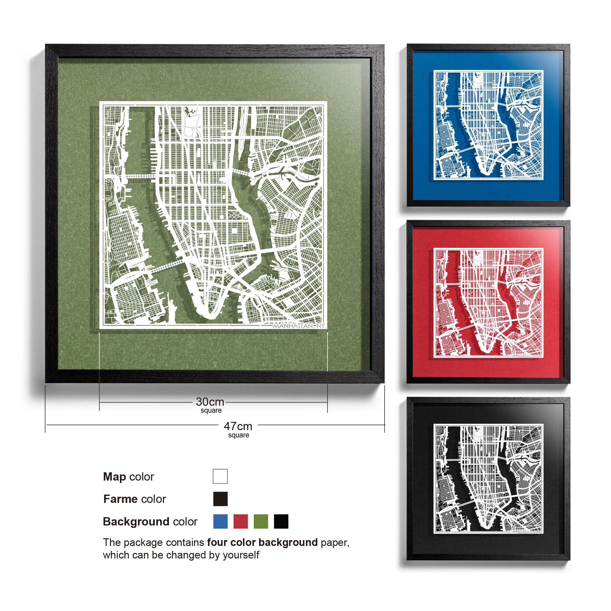 o3designstudio Manhattan, NY.-Paper-cut-map-framed-18-inch-45MF2002BW