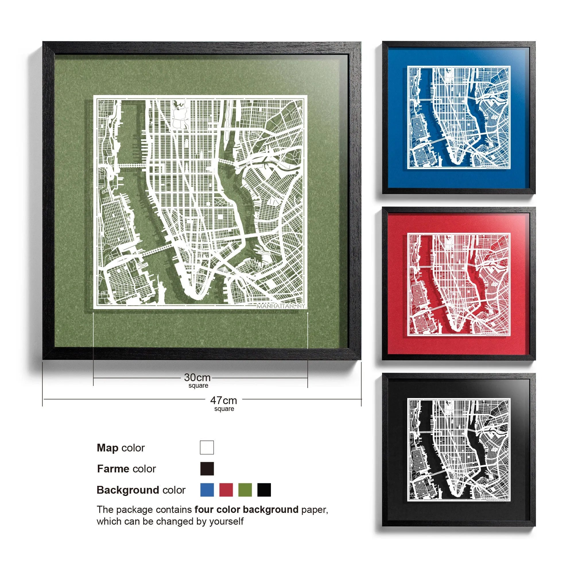 o3designstudio Manhattan, NY.-Paper-cut-map-framed-18-inch-45MF2002BW