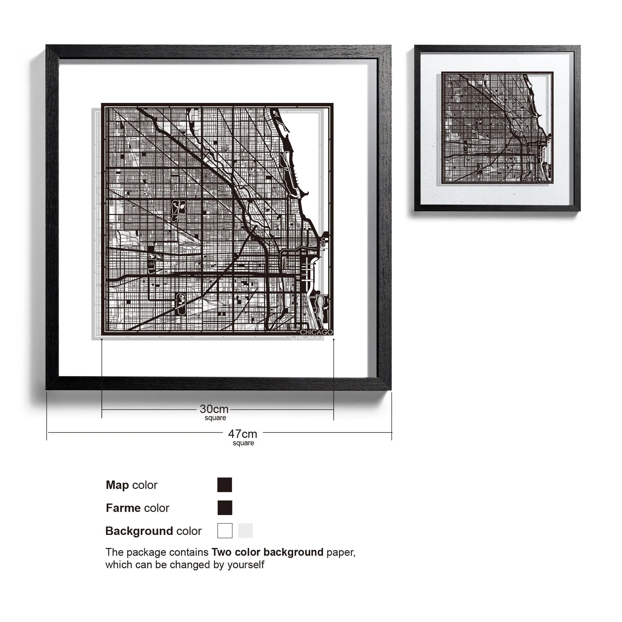 o3designstudio Chicago-Paper-cut-map-framed-18-inch-45MF2003BB