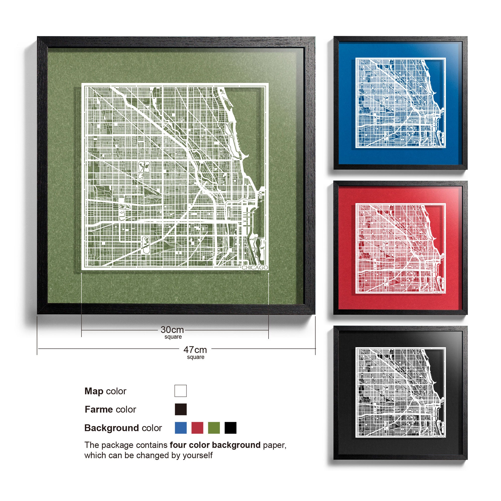 o3designstudio Chicago-Paper-cut-map-framed-18-inch-45MF2003BW