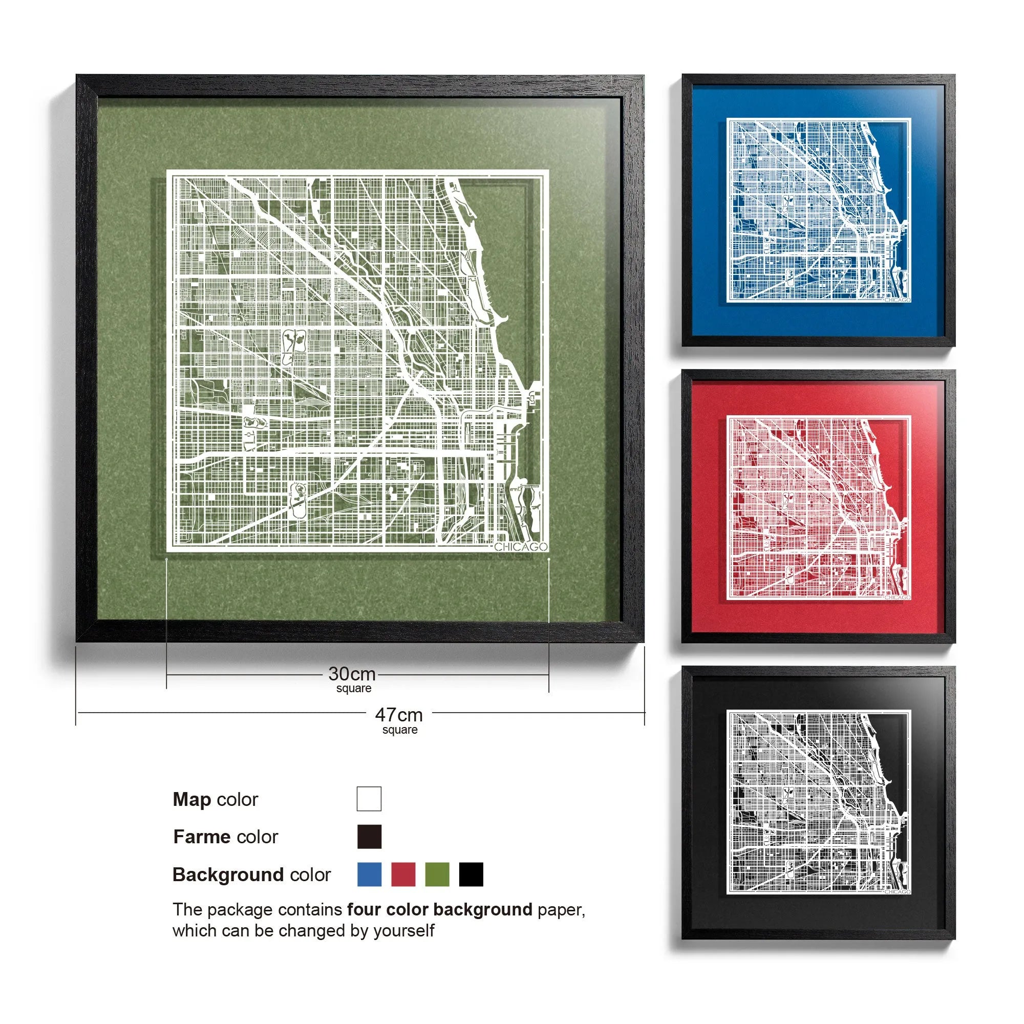 o3designstudio Chicago-Paper-cut-map-framed-18-inch-45MF2003BW
