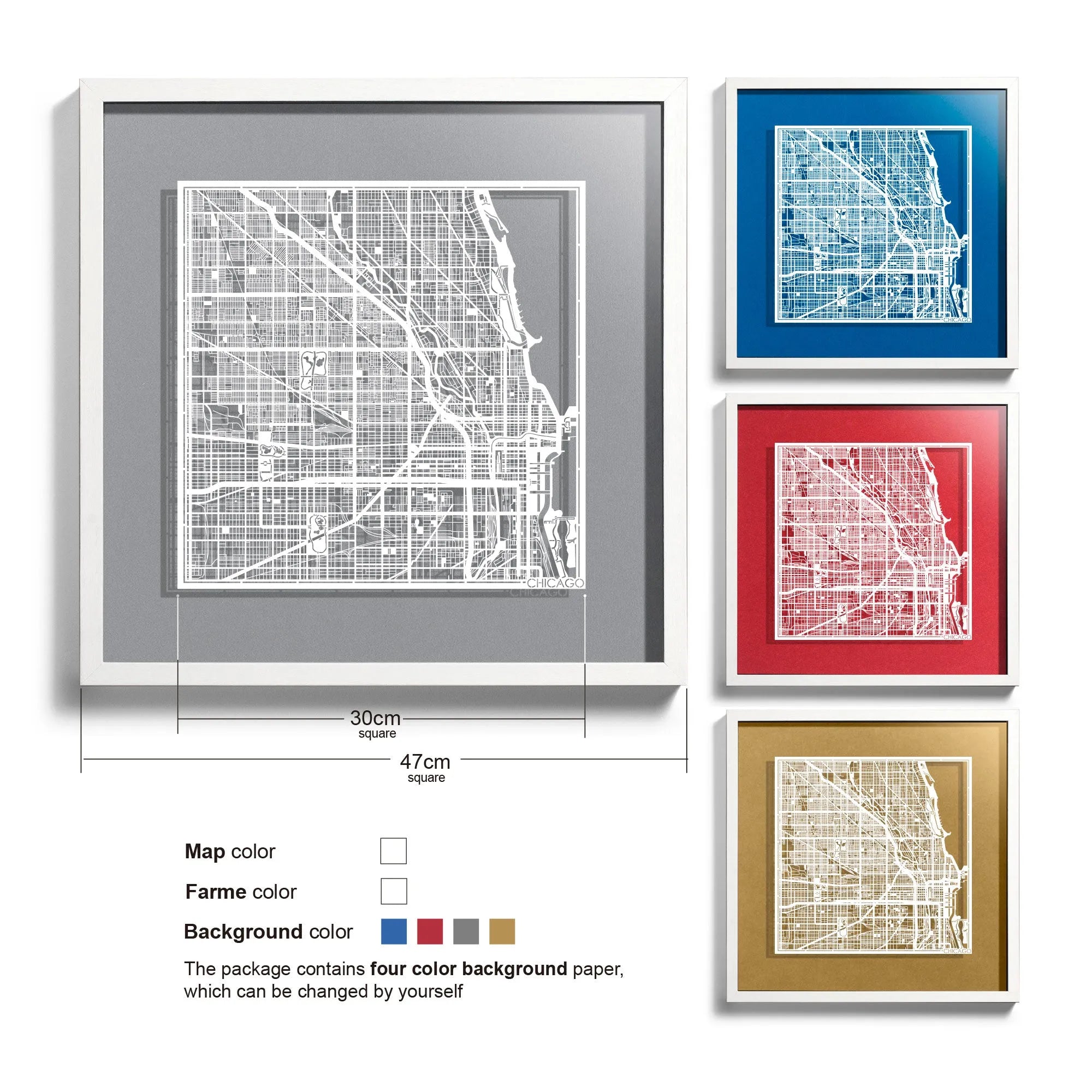 o3designstudio Chicago-Paper-cut-map-framed-18-inch-45MF2003WW