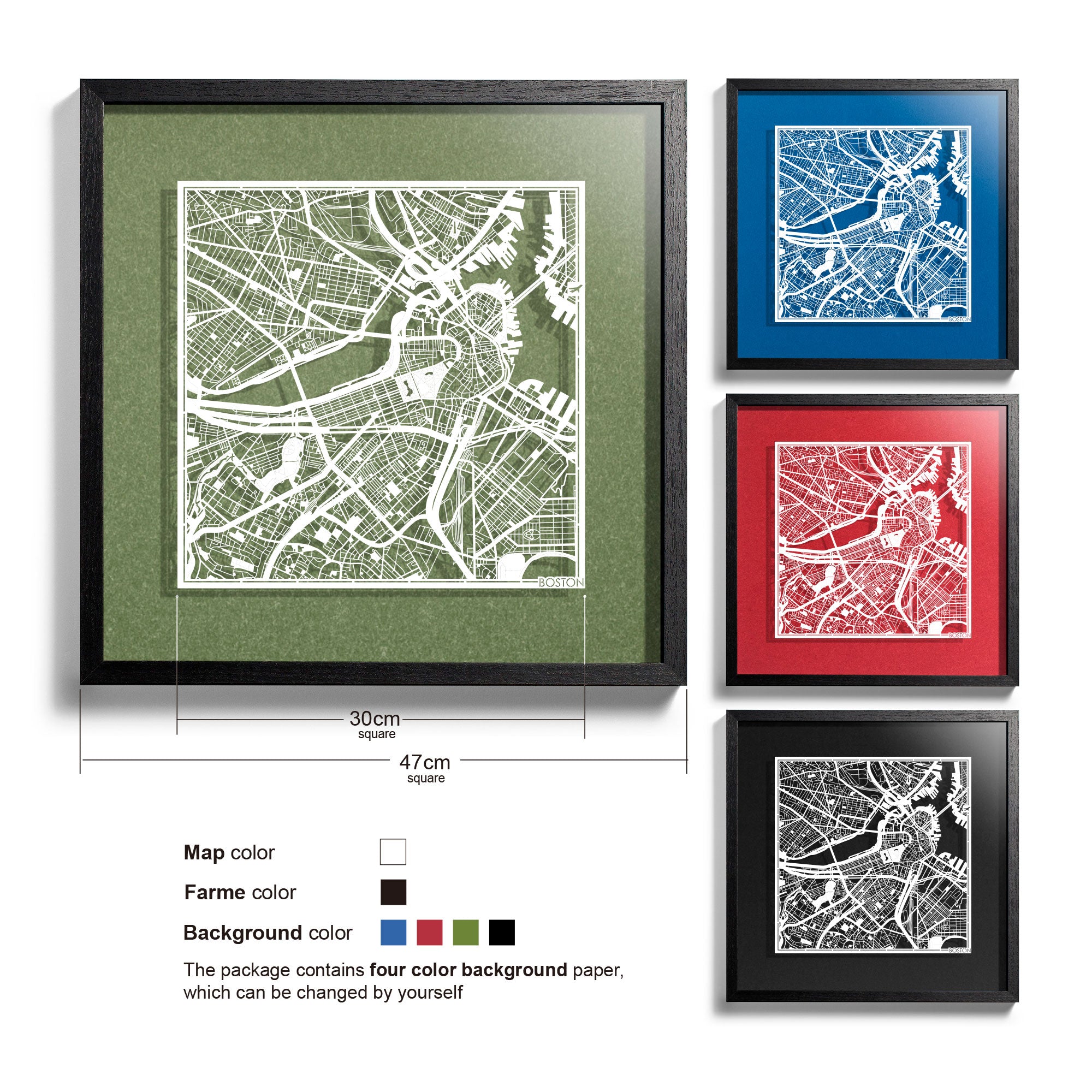 o3designstudio Boston-Paper-cut-map-framed-18-inch-45MF2004BW