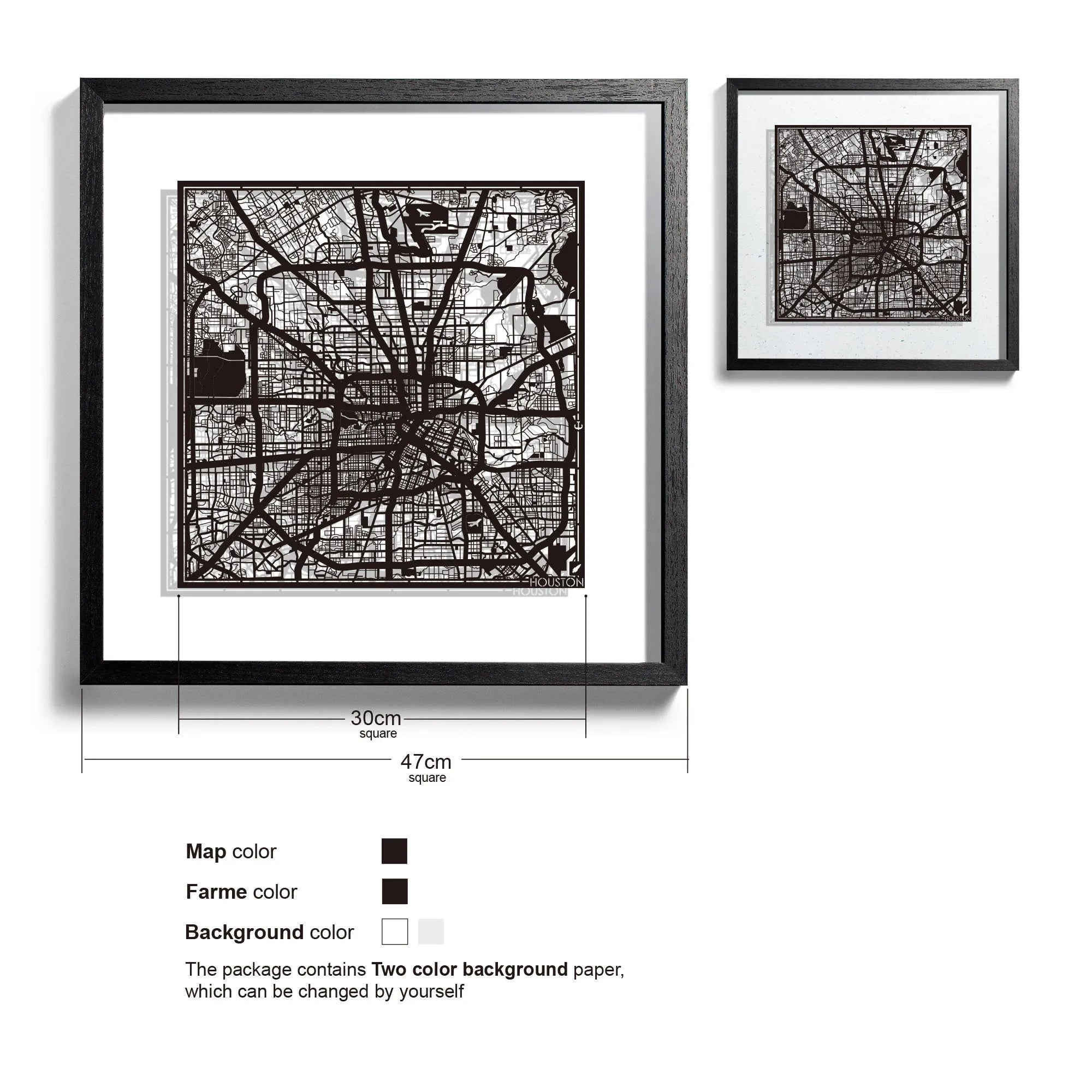 o3designstudio Houston-Paper-cut-map-framed-18-inch-Black map / Black frame-45MF2005BB
