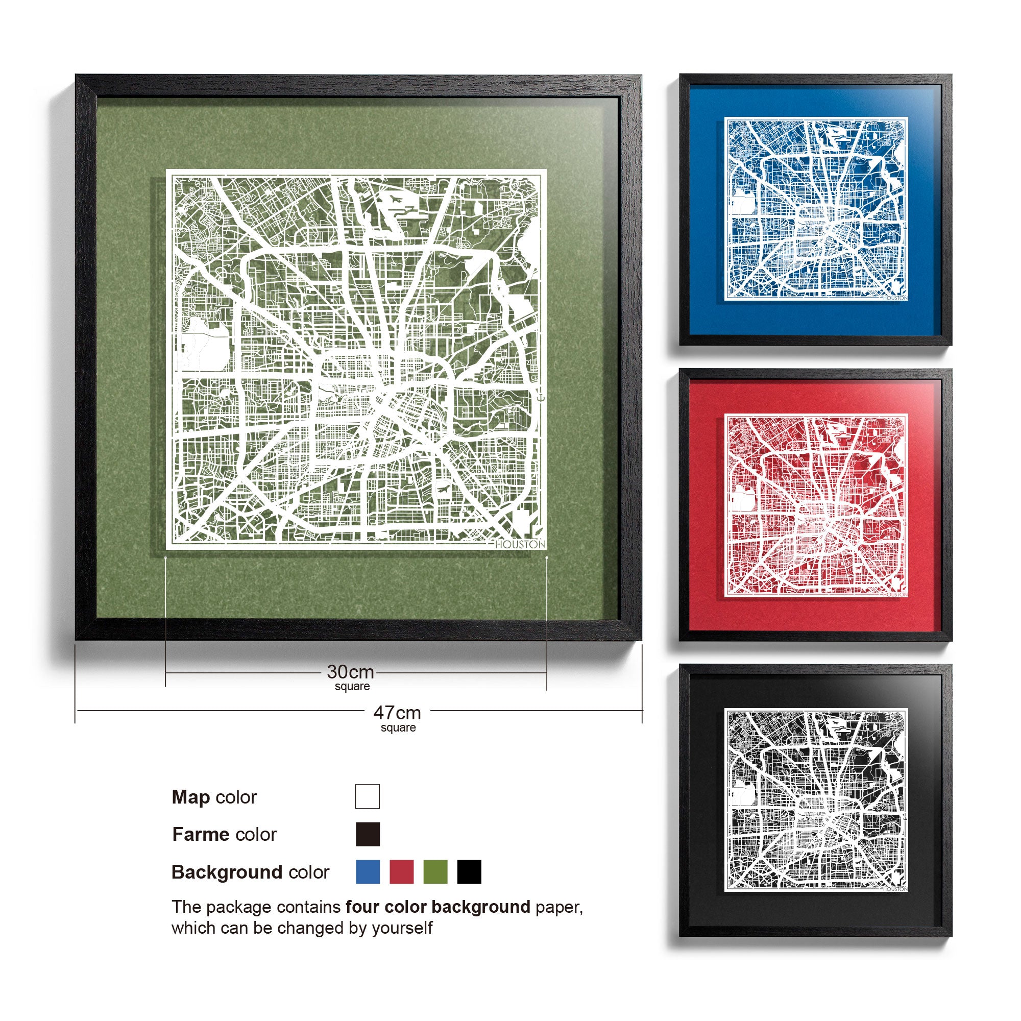 o3designstudio Houston-Paper-cut-map-framed-18-inch-White map / Black frame-45MF2005BW
