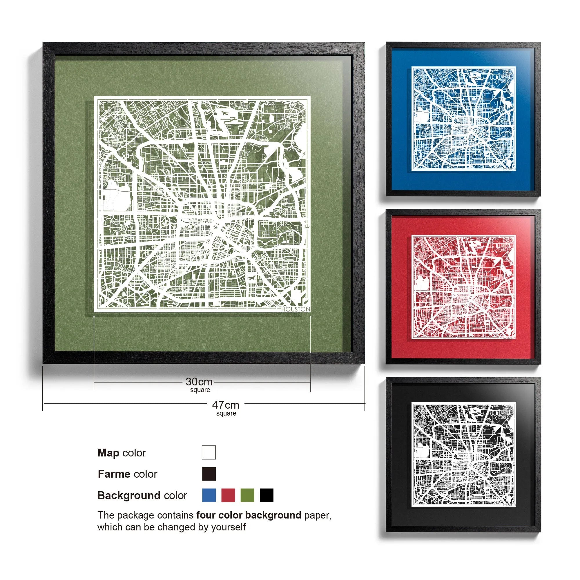 o3designstudio Houston-Paper-cut-map-framed-18-inch-White map / Black frame-45MF2005BW