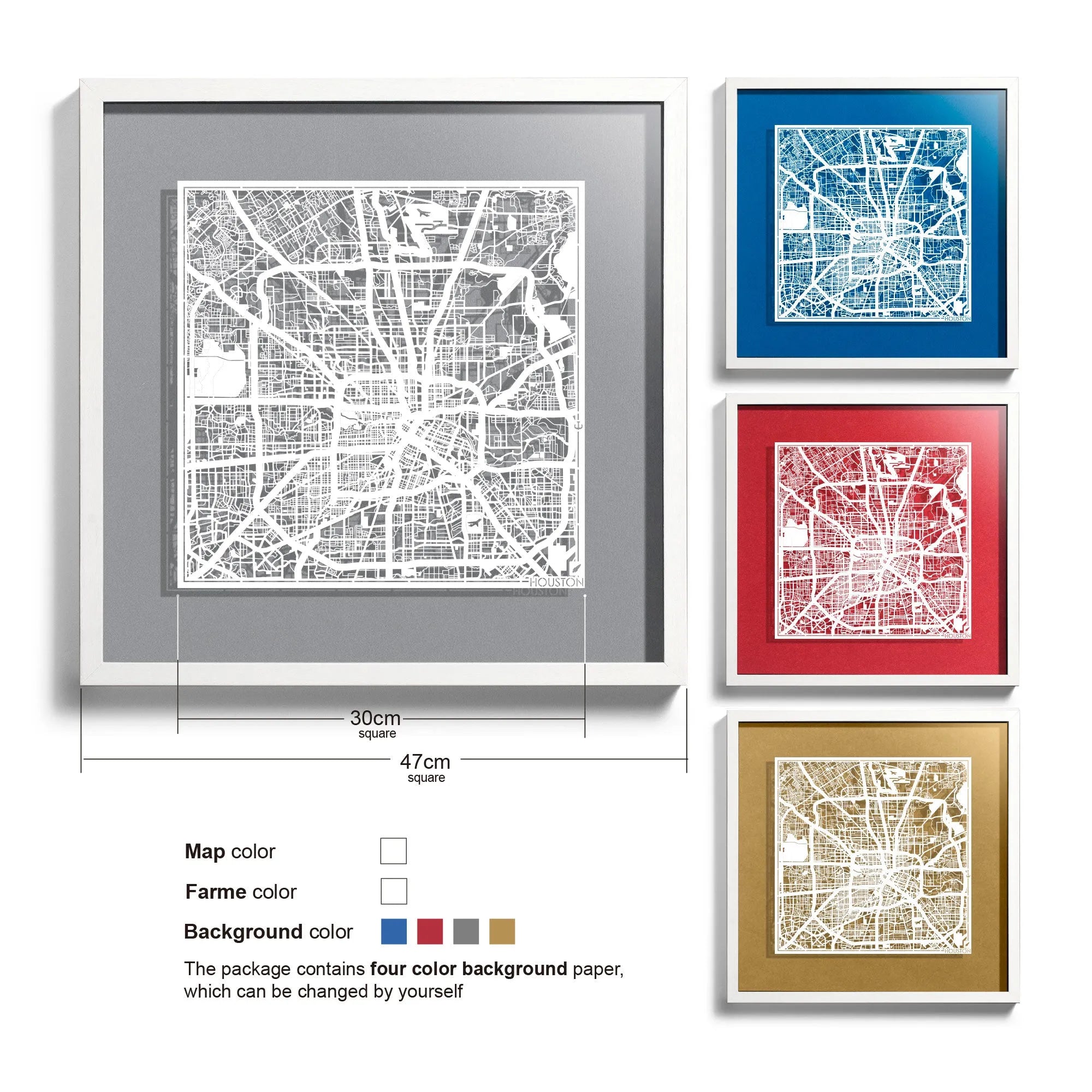 o3designstudio Houston-Paper-cut-map-framed-18-inch-White map / White frame-45MF2005WW