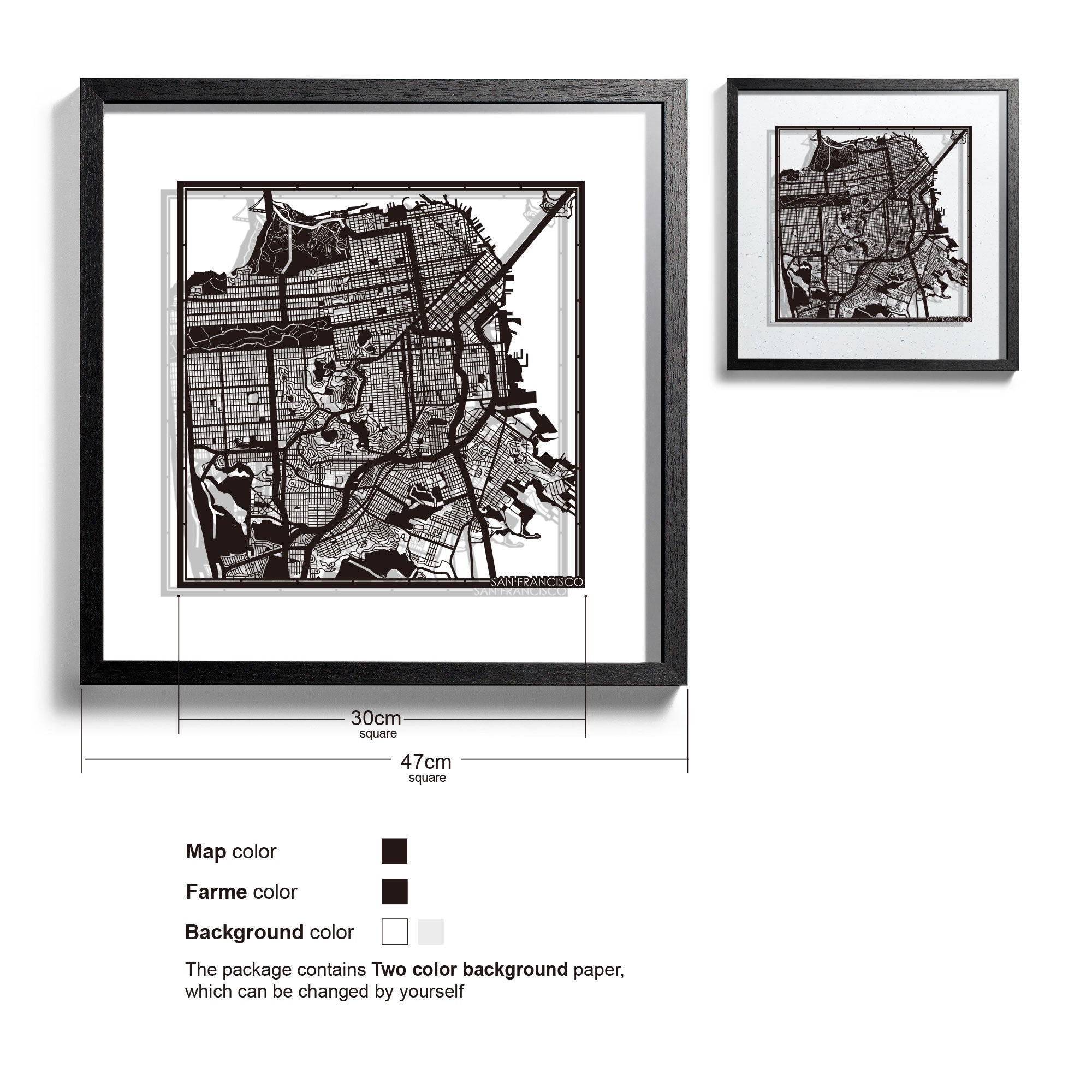 o3designstudio San Francisco-Paper-cut-map-framed-18-inch-Black map / Black frame-45MF2006BB