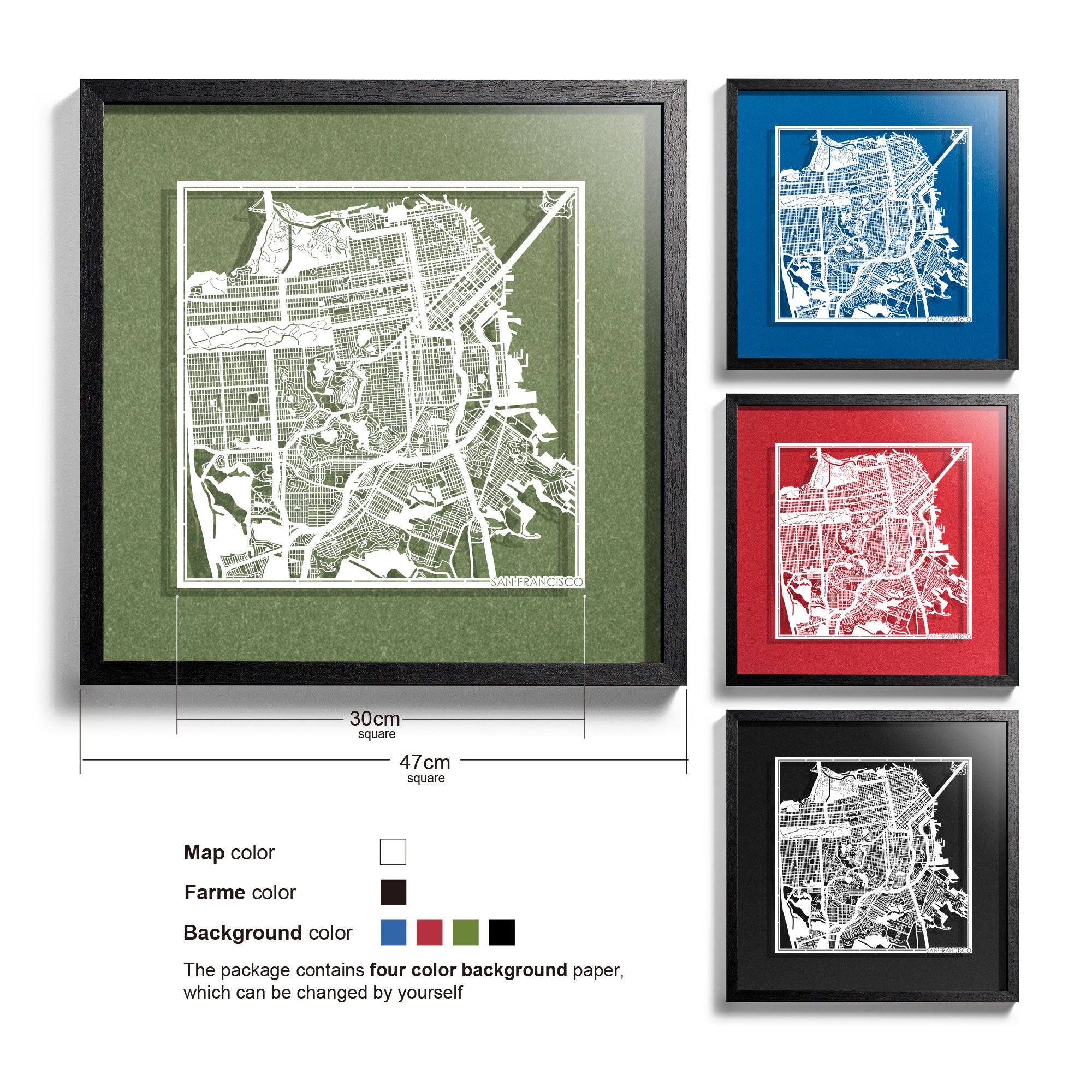 o3designstudio San Francisco-Paper-cut-map-framed-18-inch-White map / Black frame-45MF2006BW