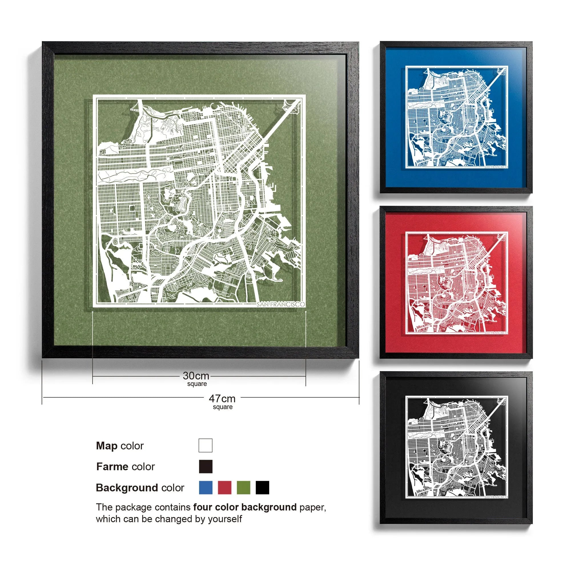 o3designstudio San Francisco-Paper-cut-map-framed-18-inch-White map / Black frame-45MF2006BW