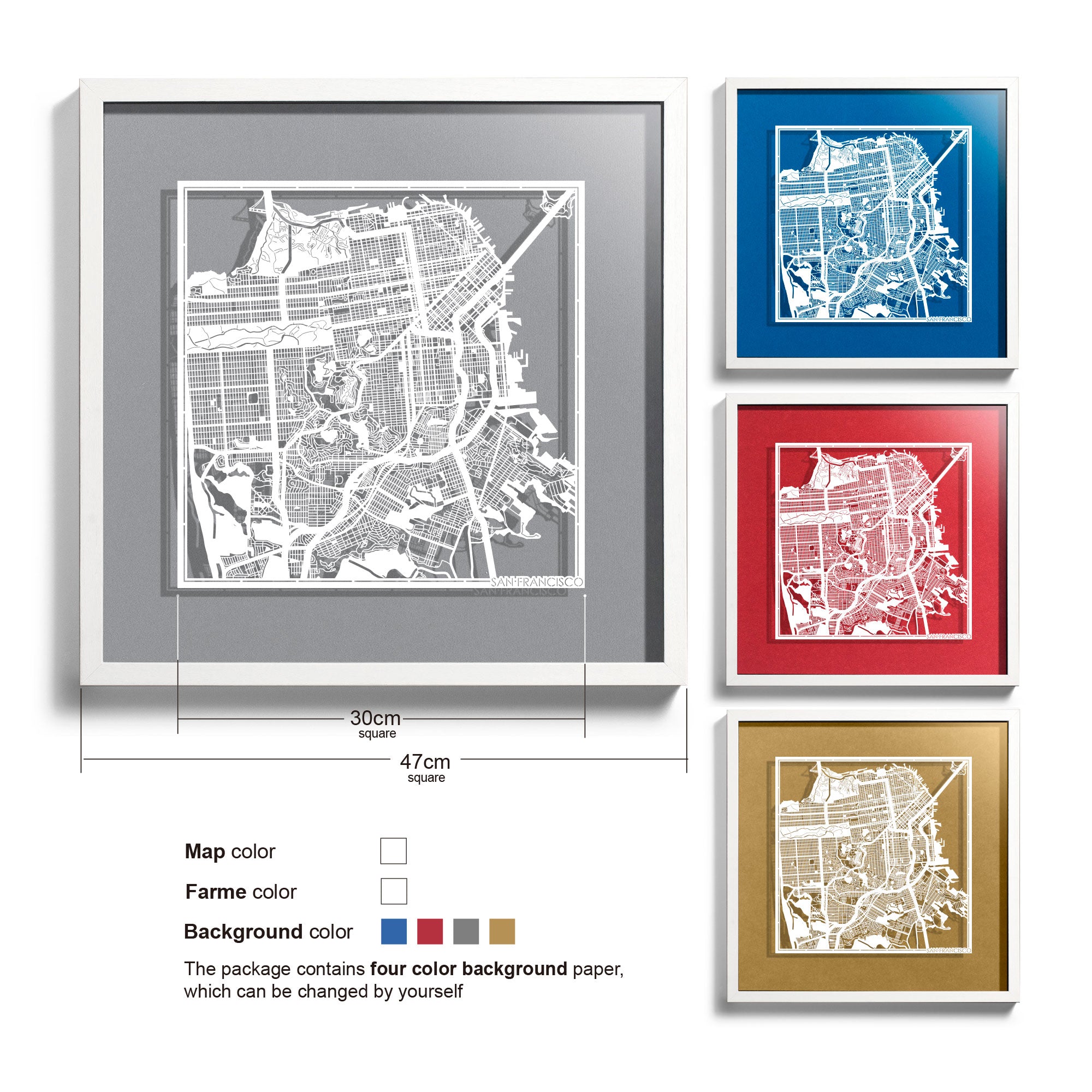 o3designstudio San Francisco-Paper-cut-map-framed-18-inch-White map / White frame-45MF2006WW