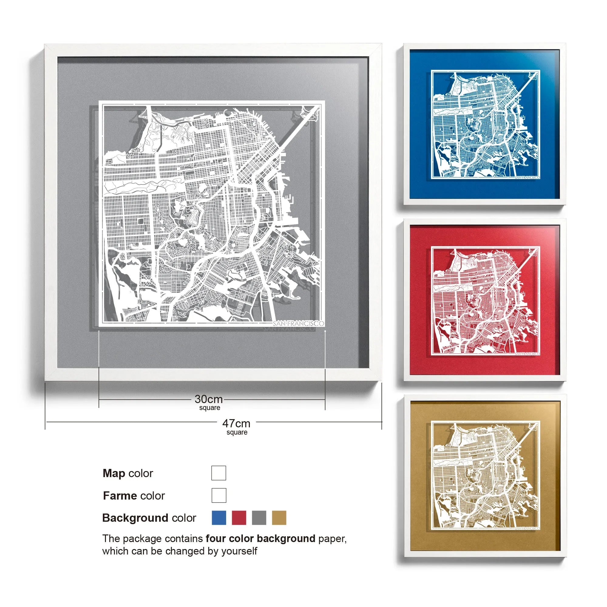 o3designstudio San Francisco-Paper-cut-map-framed-18-inch-White map / White frame-45MF2006WW