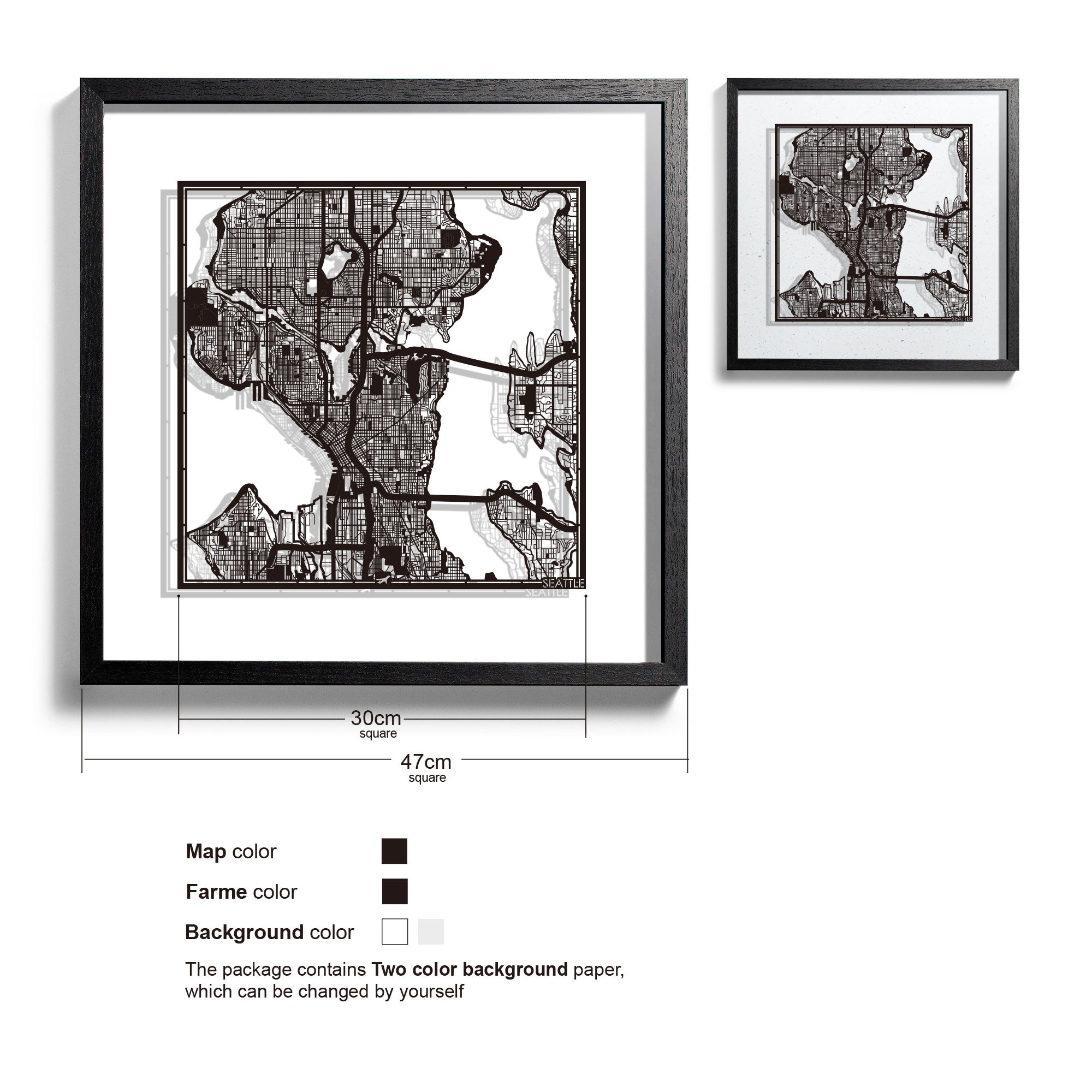 o3designstudio Seattle-Paper-cut-map-framed-18-inch-Black map / Black frame-45MF2007BB