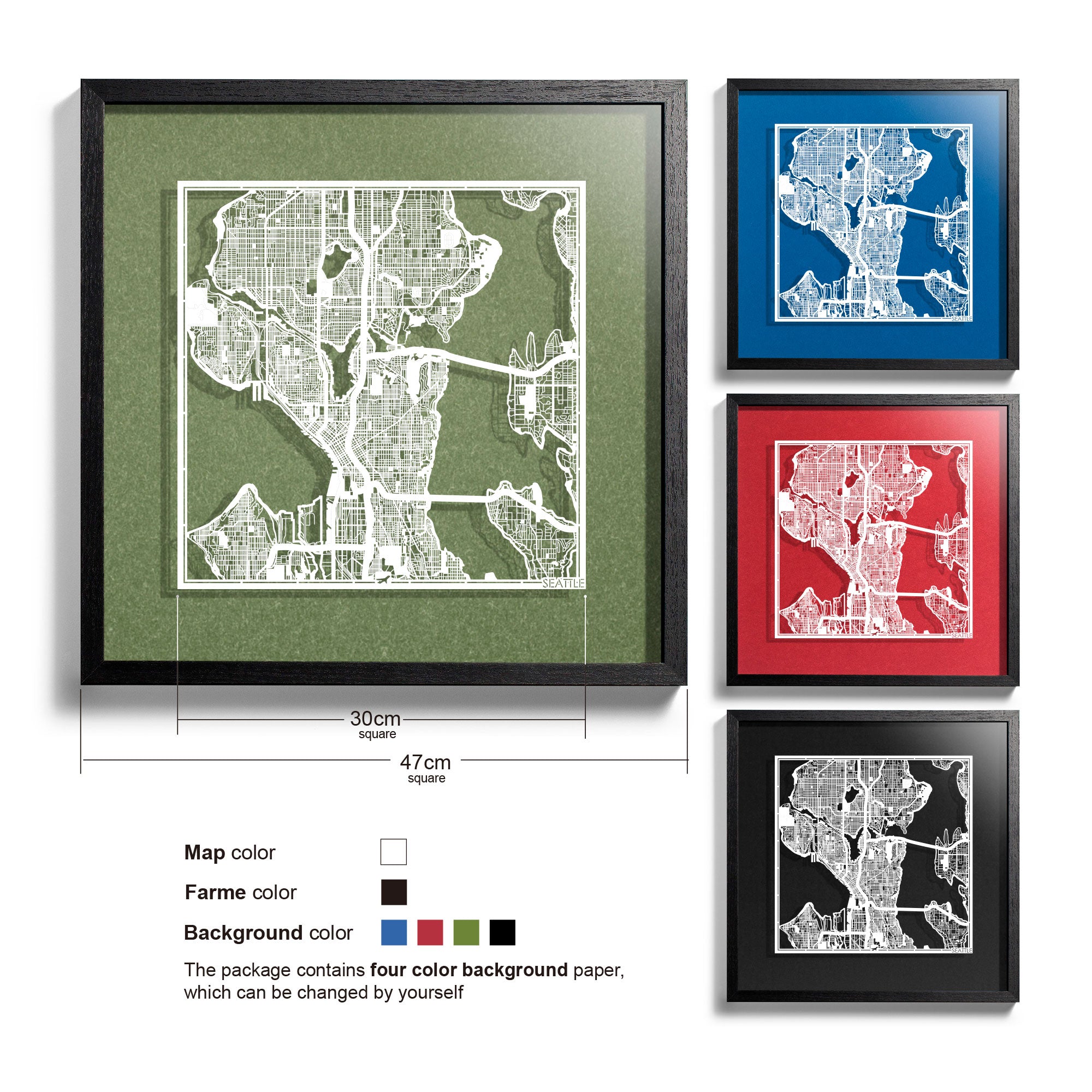 o3designstudio Seattle-Paper-cut-map-framed-18-inch-White map / Black frame-45MF2007BW