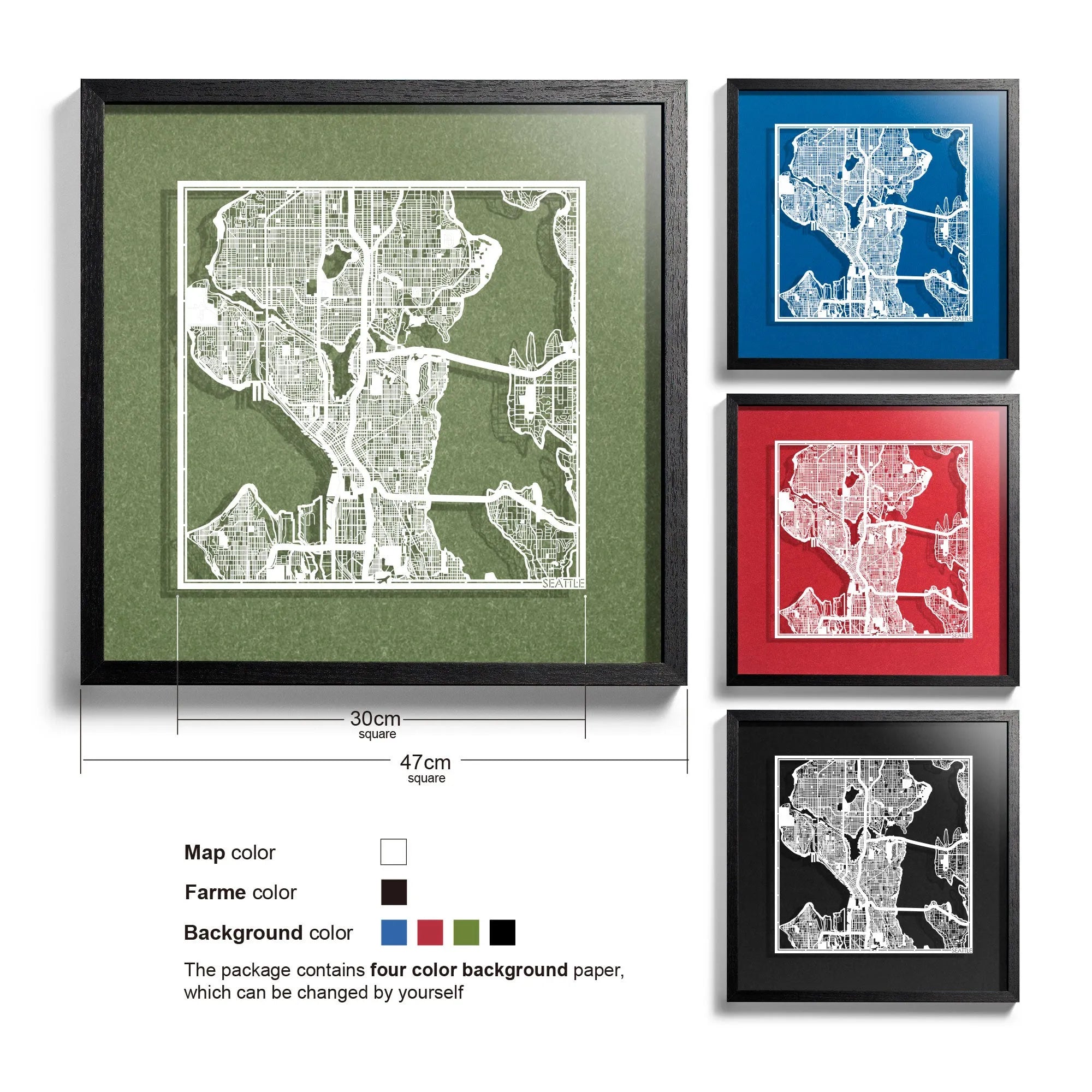 o3designstudio Seattle-Paper-cut-map-framed-18-inch-White map / Black frame-45MF2007BW