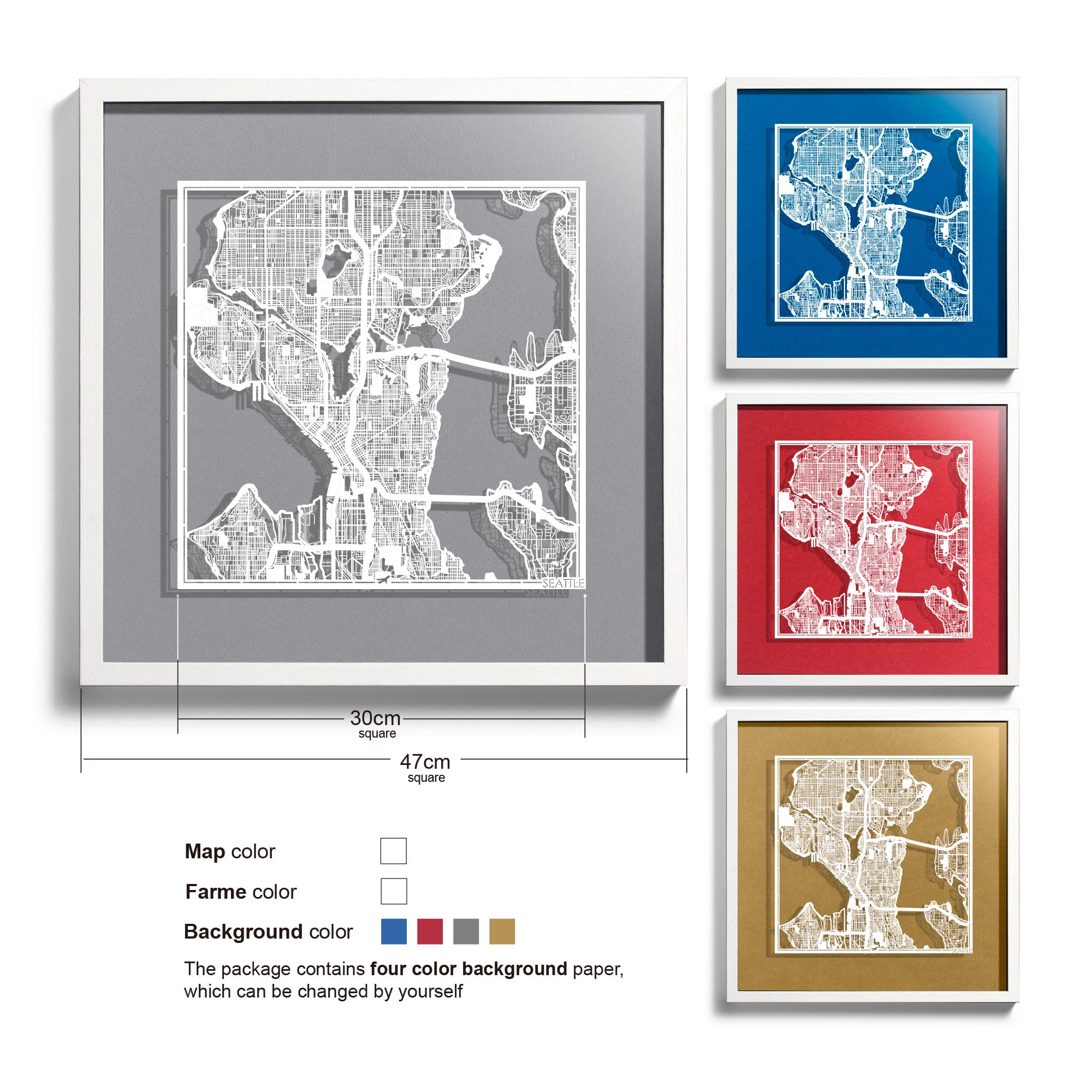 o3designstudio Seattle-Paper-cut-map-framed-18-inch-White map / White frame-45MF2007WW