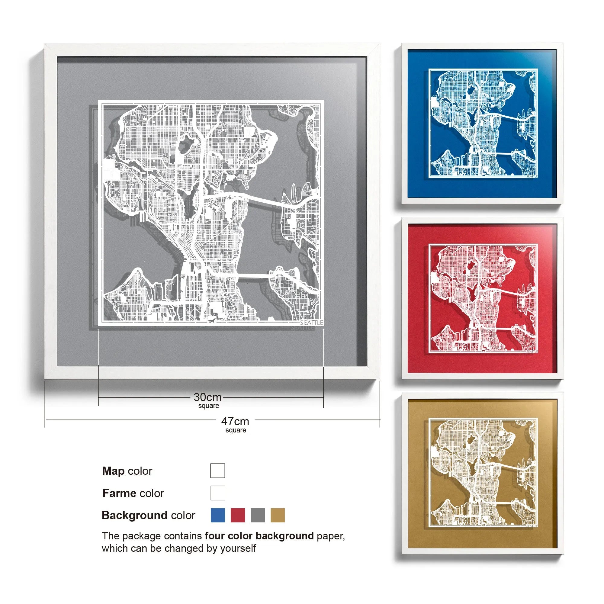 o3designstudio Seattle-Paper-cut-map-framed-18-inch-White map / White frame-45MF2007WW
