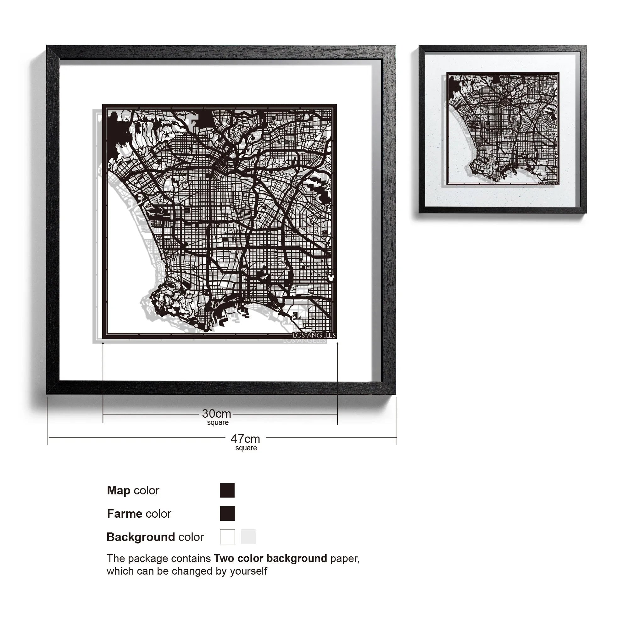 o3designstudio Los Angeles-Paper-cut-map-framed-18-inch-Black map / Black frame-45MF2008BB