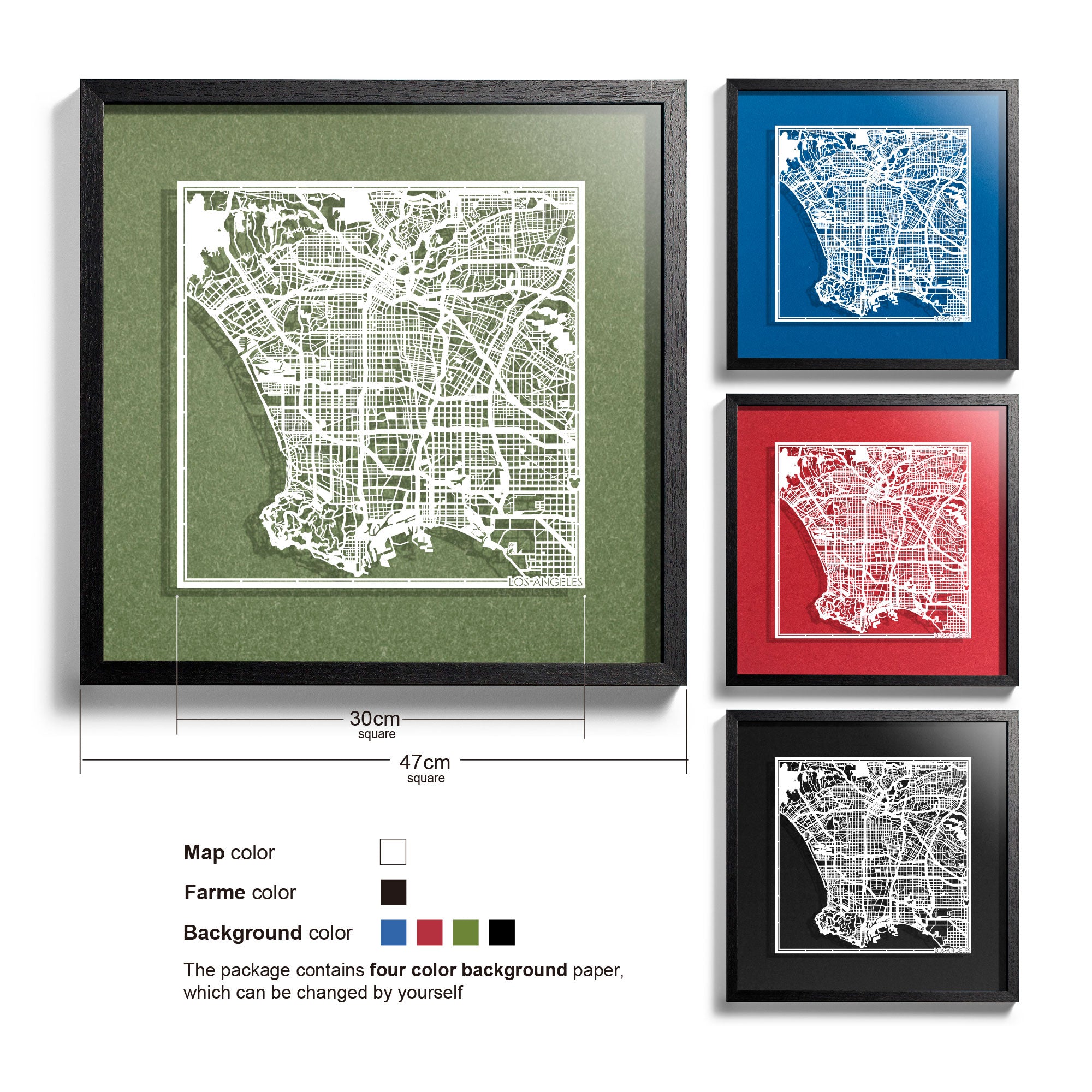 o3designstudio Los Angeles-Paper-cut-map-framed-18-inch-White map / Black frame-45MF2008BW