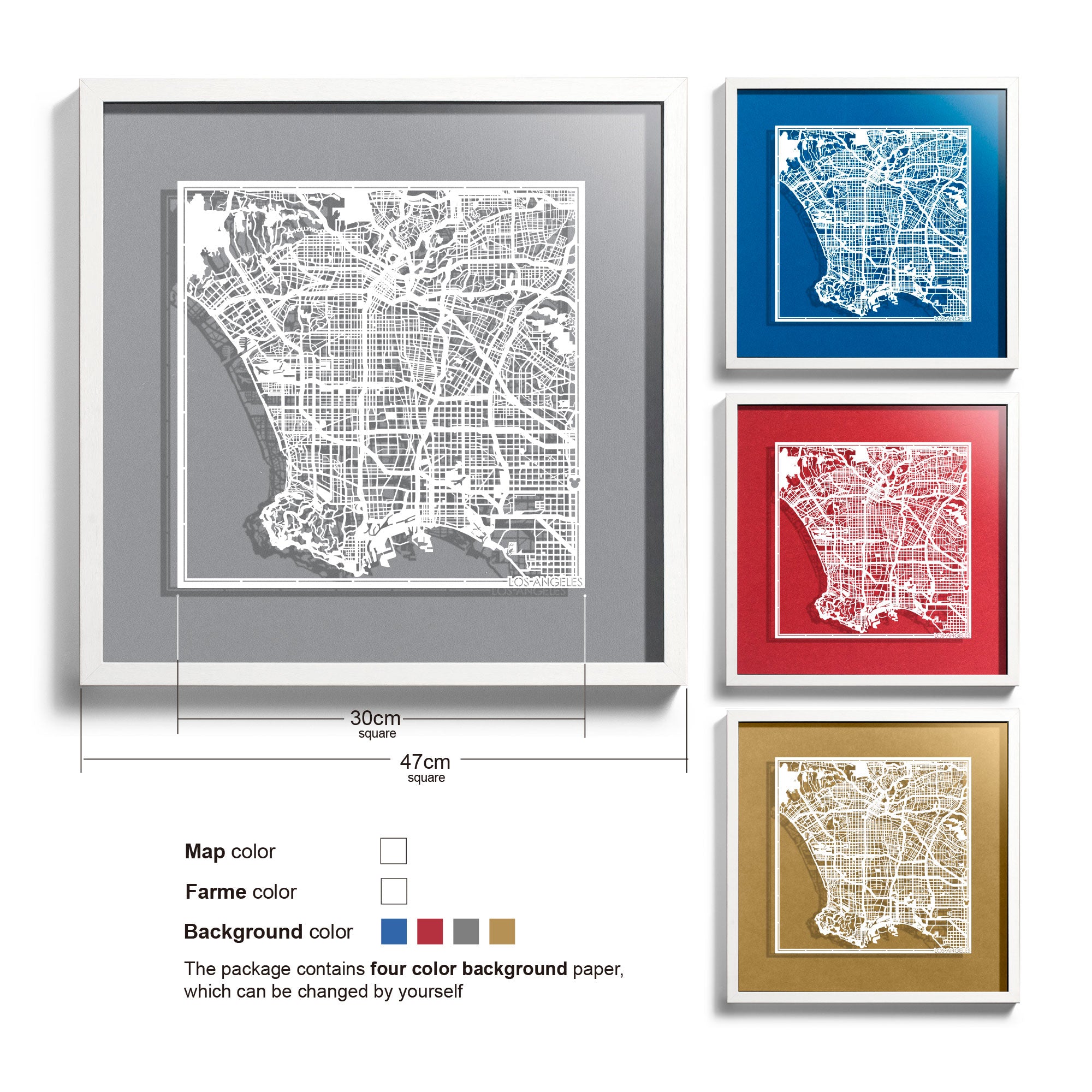 o3designstudio Los Angeles-Paper-cut-map-framed-18-inch-White map / White frame-45MF2008WW