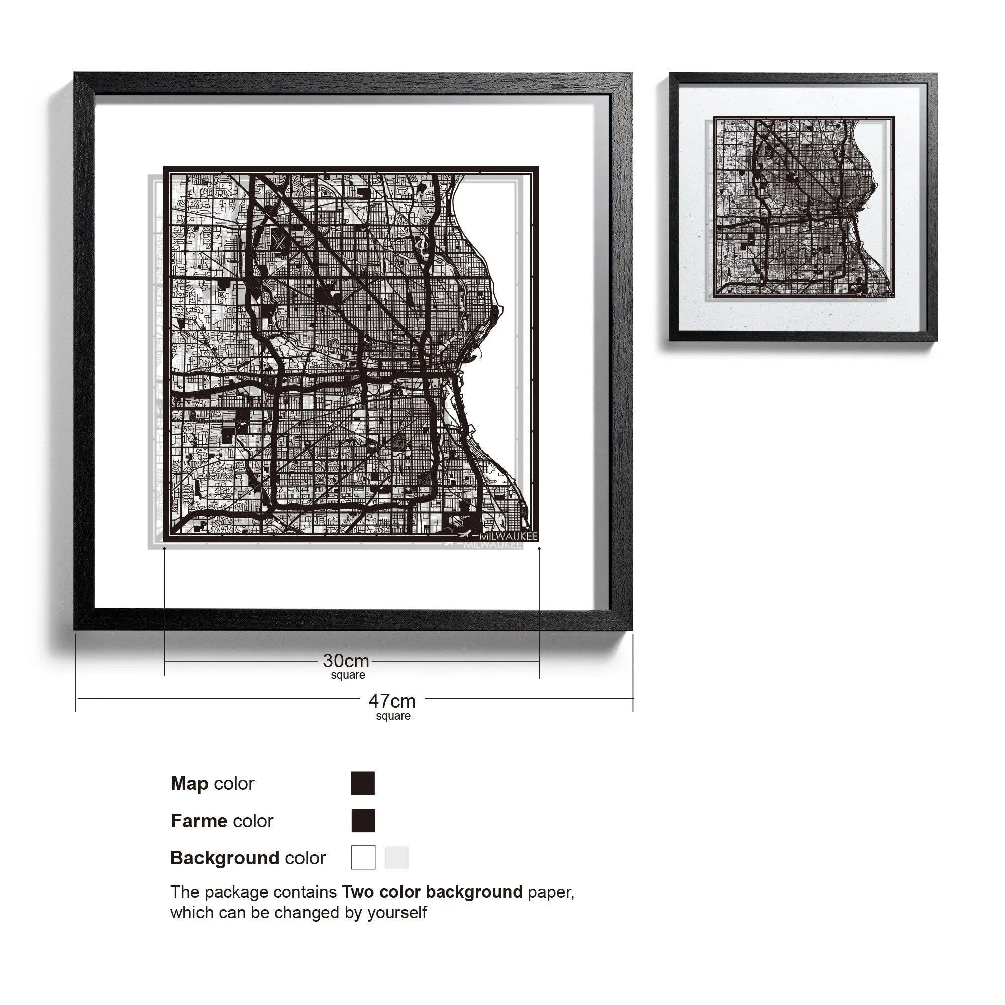 o3designstudio Milwaukee-Paper-cut-map-framed-18-inch-45MF2010BB