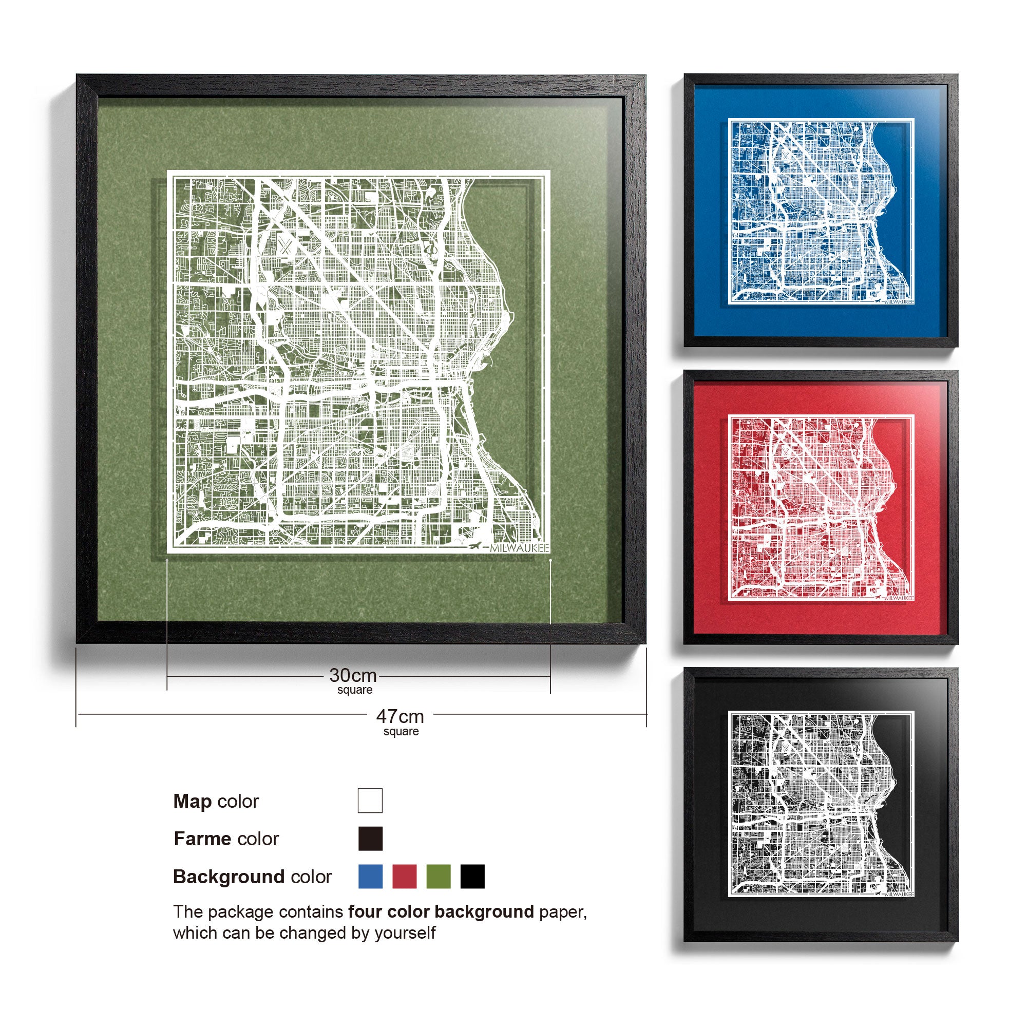o3designstudio Milwaukee-Paper-cut-map-framed-18-inch-45MF2010BW