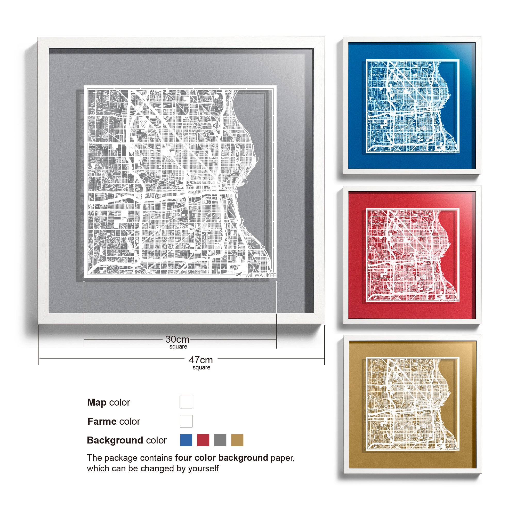 o3designstudio Milwaukee-Paper-cut-map-framed-18-inch-45MF2010WW