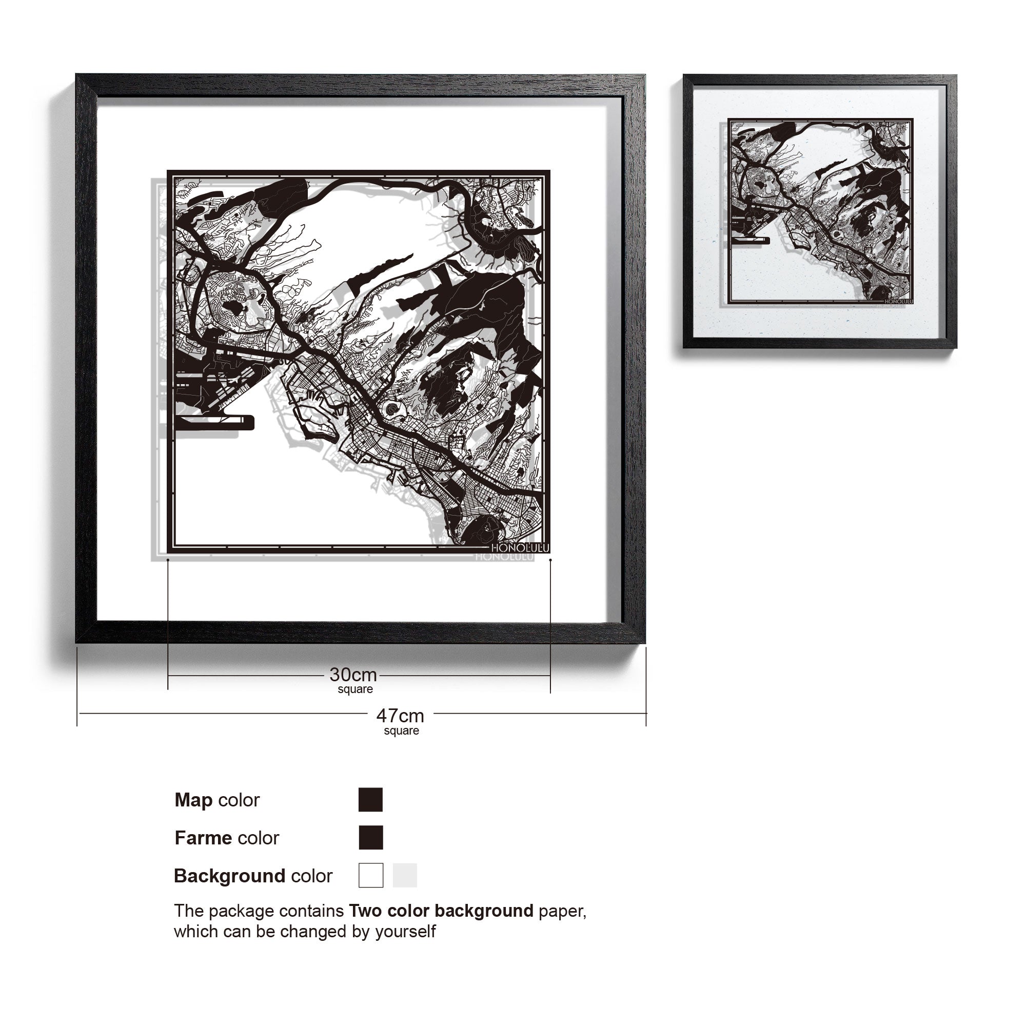 o3designstudio Honolulu-Paper-cut-map-framed-18-inch-Black map / Black frame-45MF2011BB