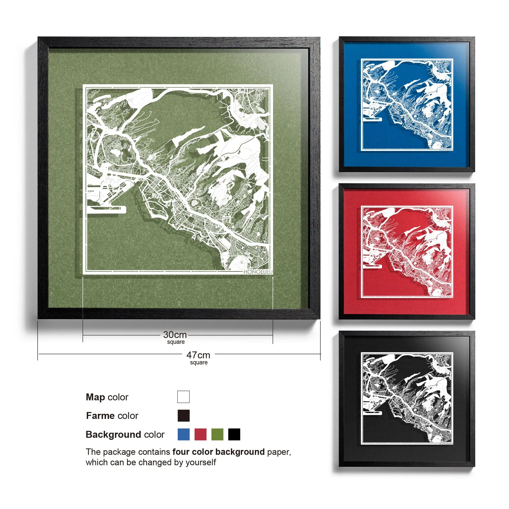 o3designstudio Honolulu-Paper-cut-map-framed-18-inch-White map / Black frame-45MF2011BW