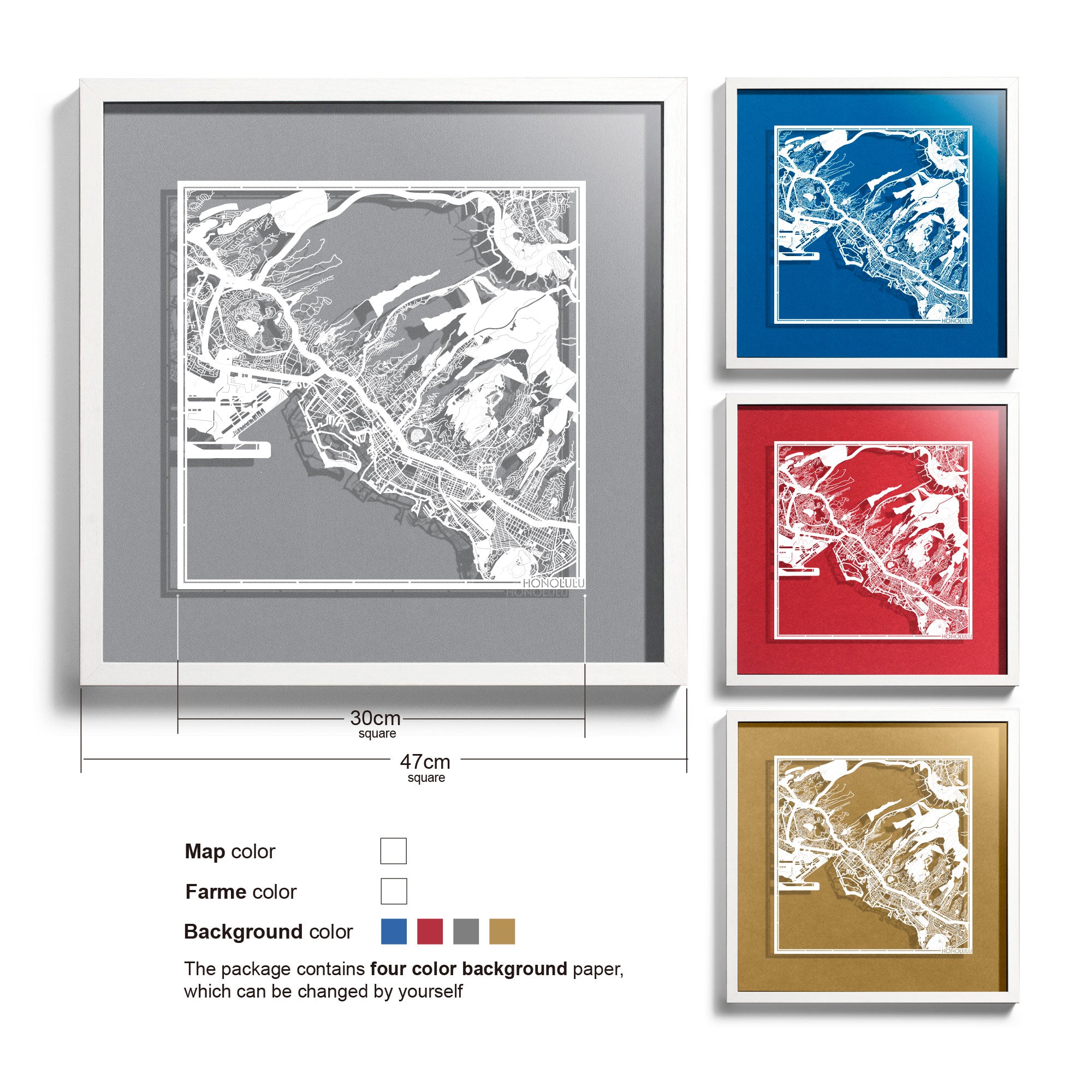 o3designstudio Honolulu-Paper-cut-map-framed-18-inch-White map / White frame-45MF2011WW