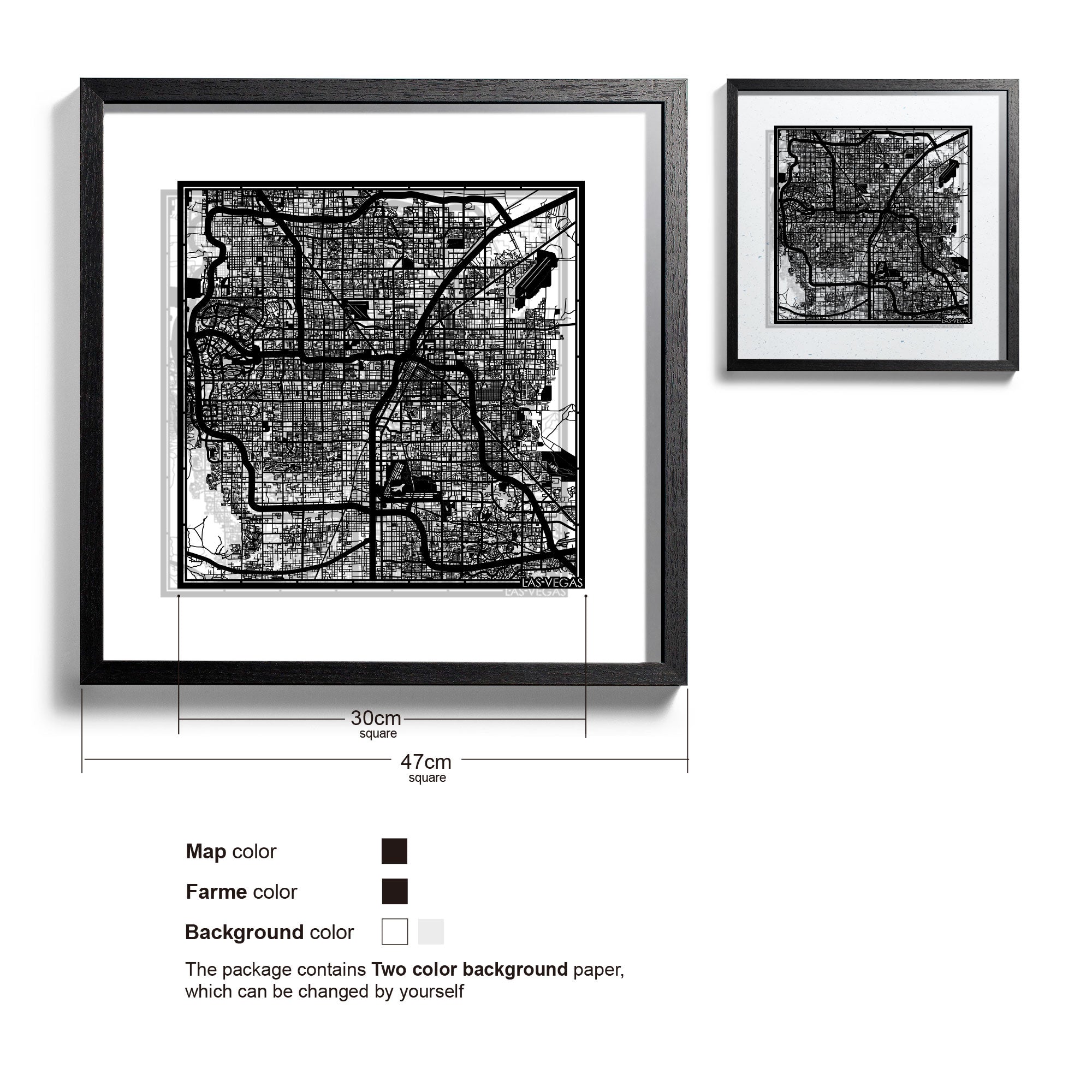o3designstudio Las Vegas-Paper-cut-map-framed-18-inch-Black map / Black frame-45MF2012BB