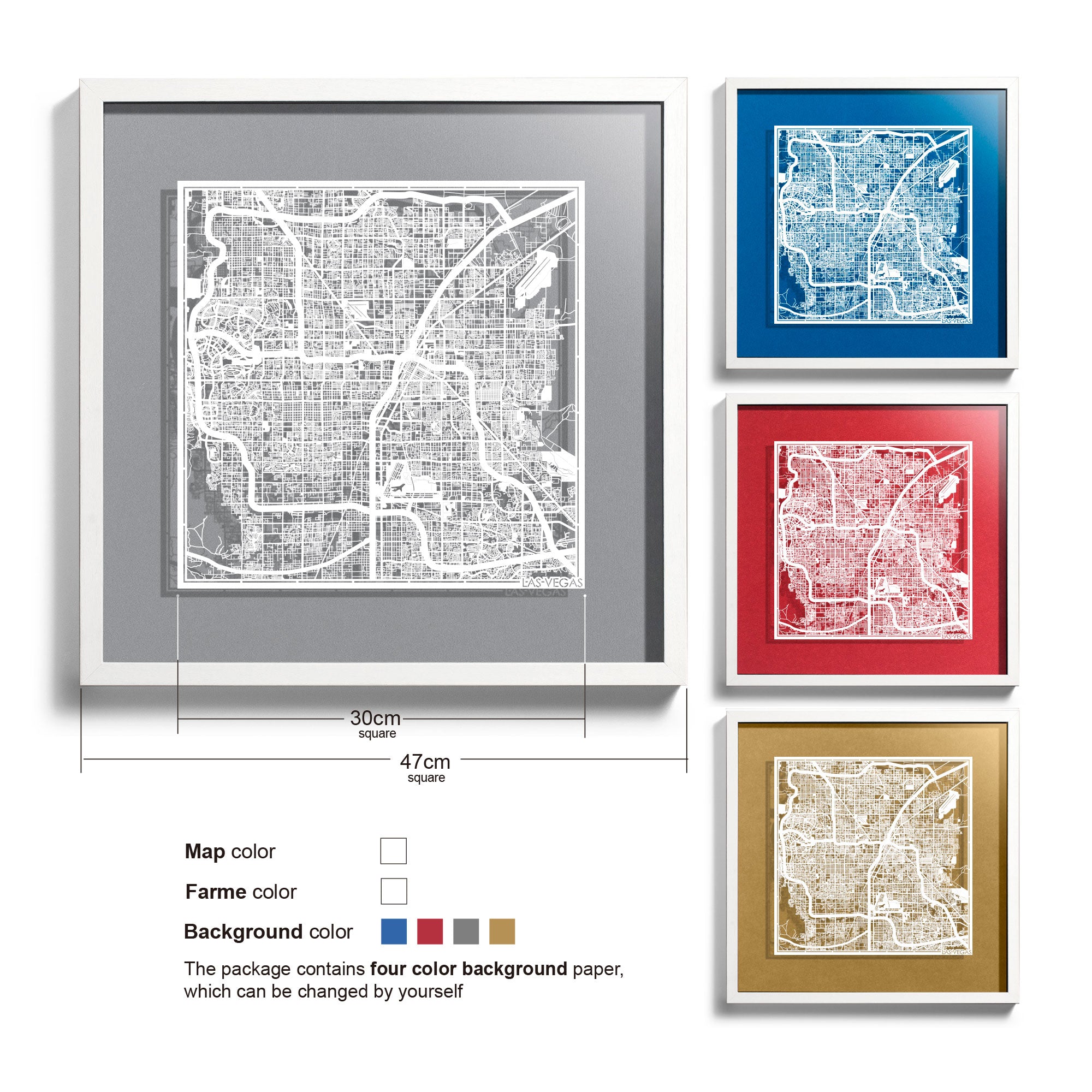 o3designstudio Las Vegas-Paper-cut-map-framed-18-inch-White map / White frame-45MF2012WW