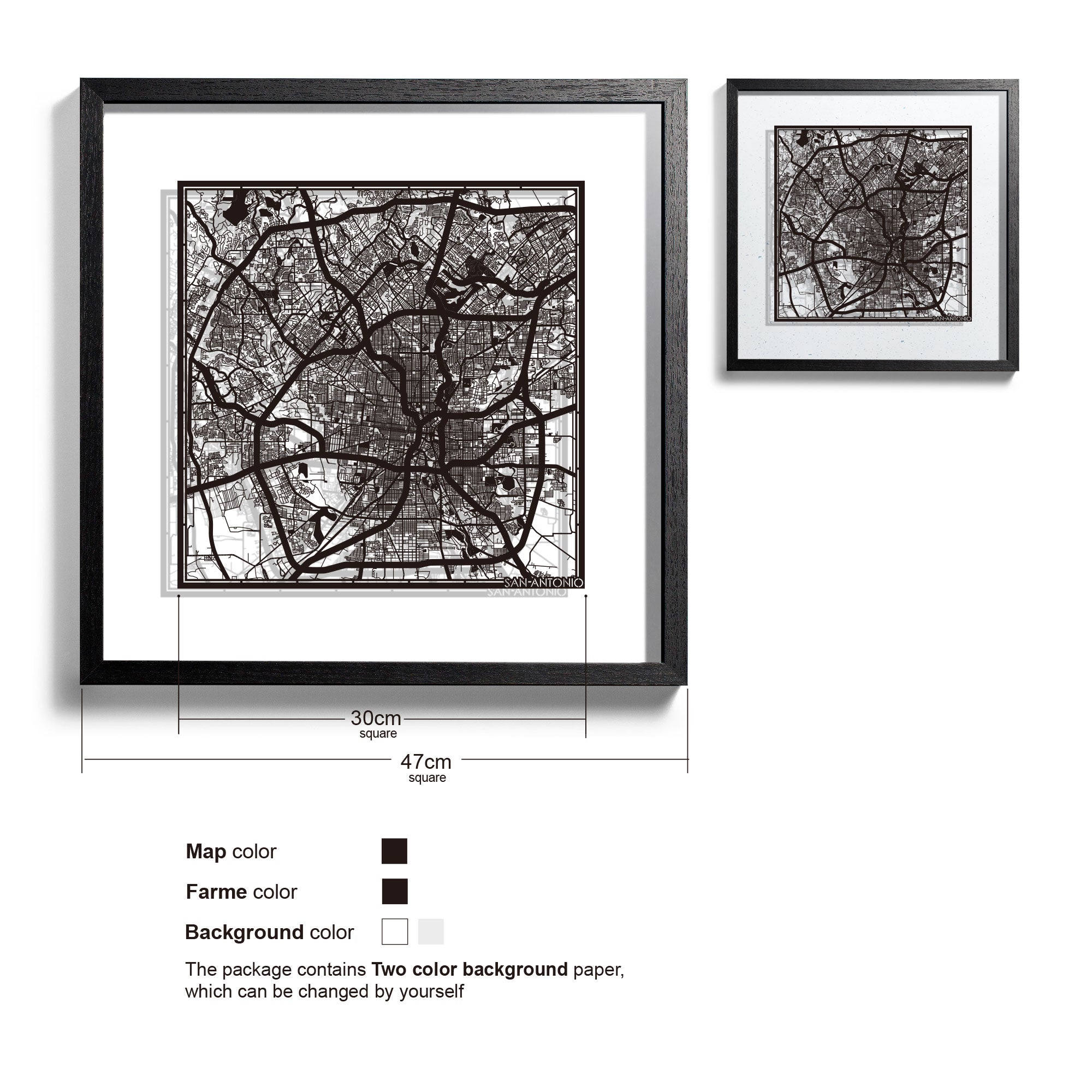 o3designstudio San Antonio-Paper-cut-map-framed-18-inch-Black map / Black frame-45MF2013BB