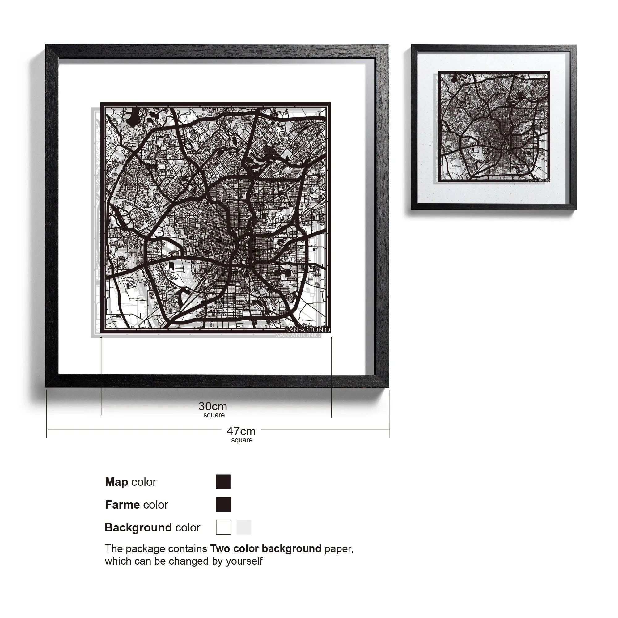o3designstudio San Antonio-Paper-cut-map-framed-18-inch-Black map / Black frame-45MF2013BB
