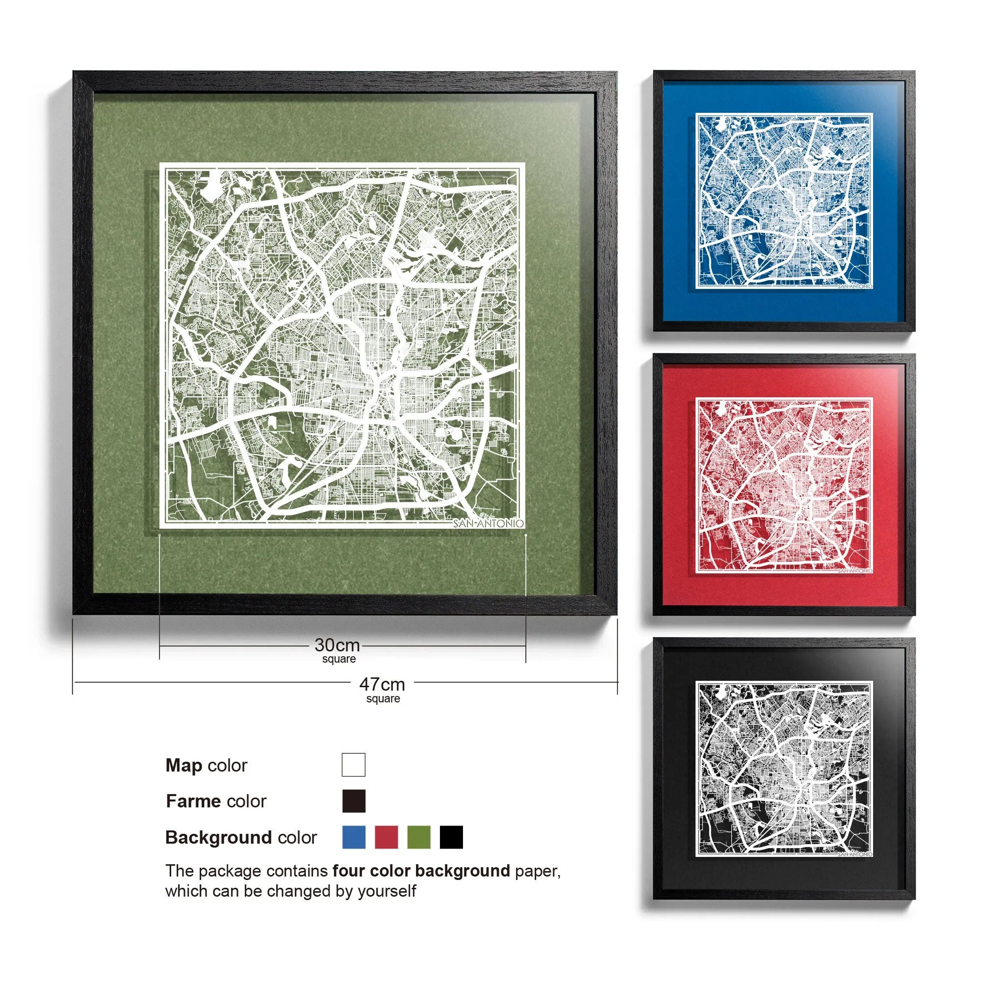 o3designstudio San Antonio-Paper-cut-map-framed-18-inch-White map / Black frame-45MF2013BW