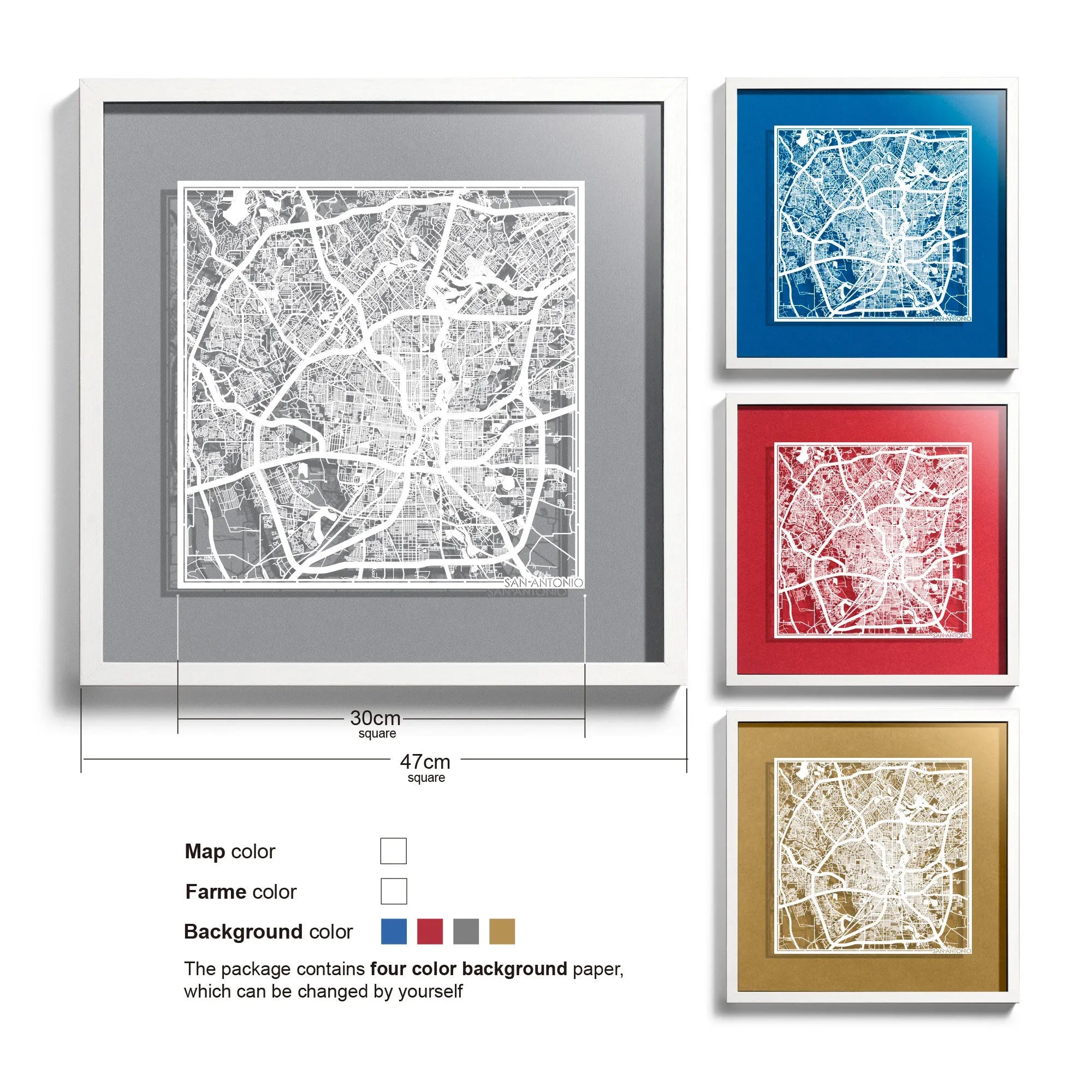 o3designstudio San Antonio-Paper-cut-map-framed-18-inch-White map / White frame-45MF2013WW