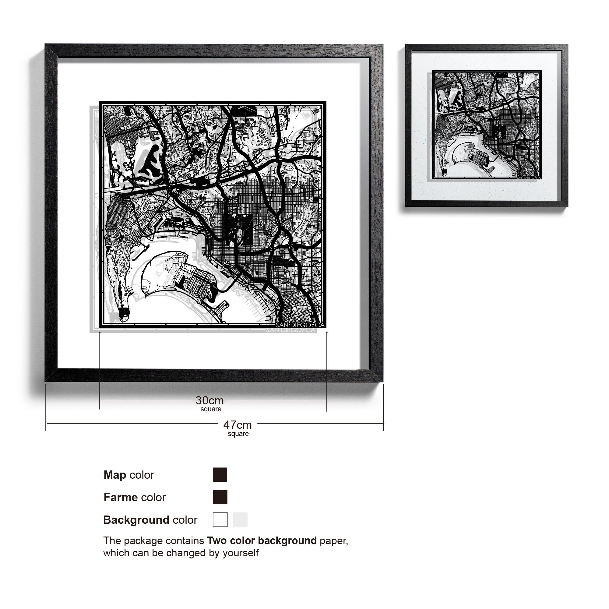 o3designstudio San Diego, CA-Paper-cut-map-framed-18-inch-Black map / Black frame-45MF2014BB