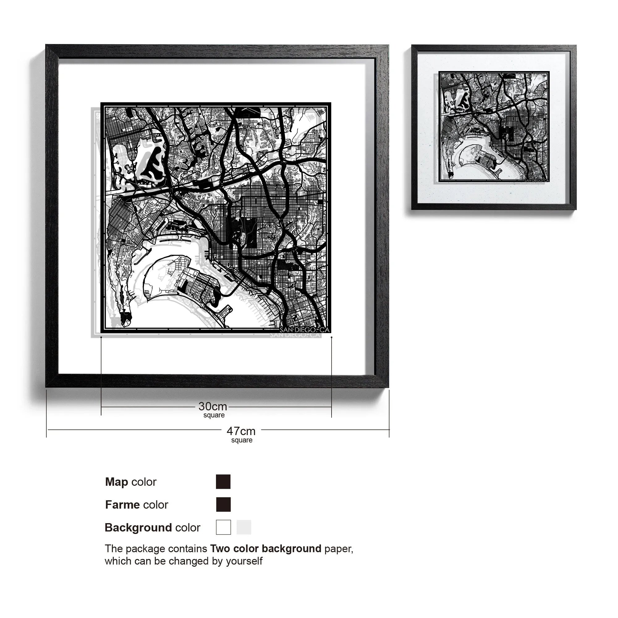 o3designstudio San Diego, CA-Paper-cut-map-framed-18-inch-Black map / Black frame-45MF2014BB