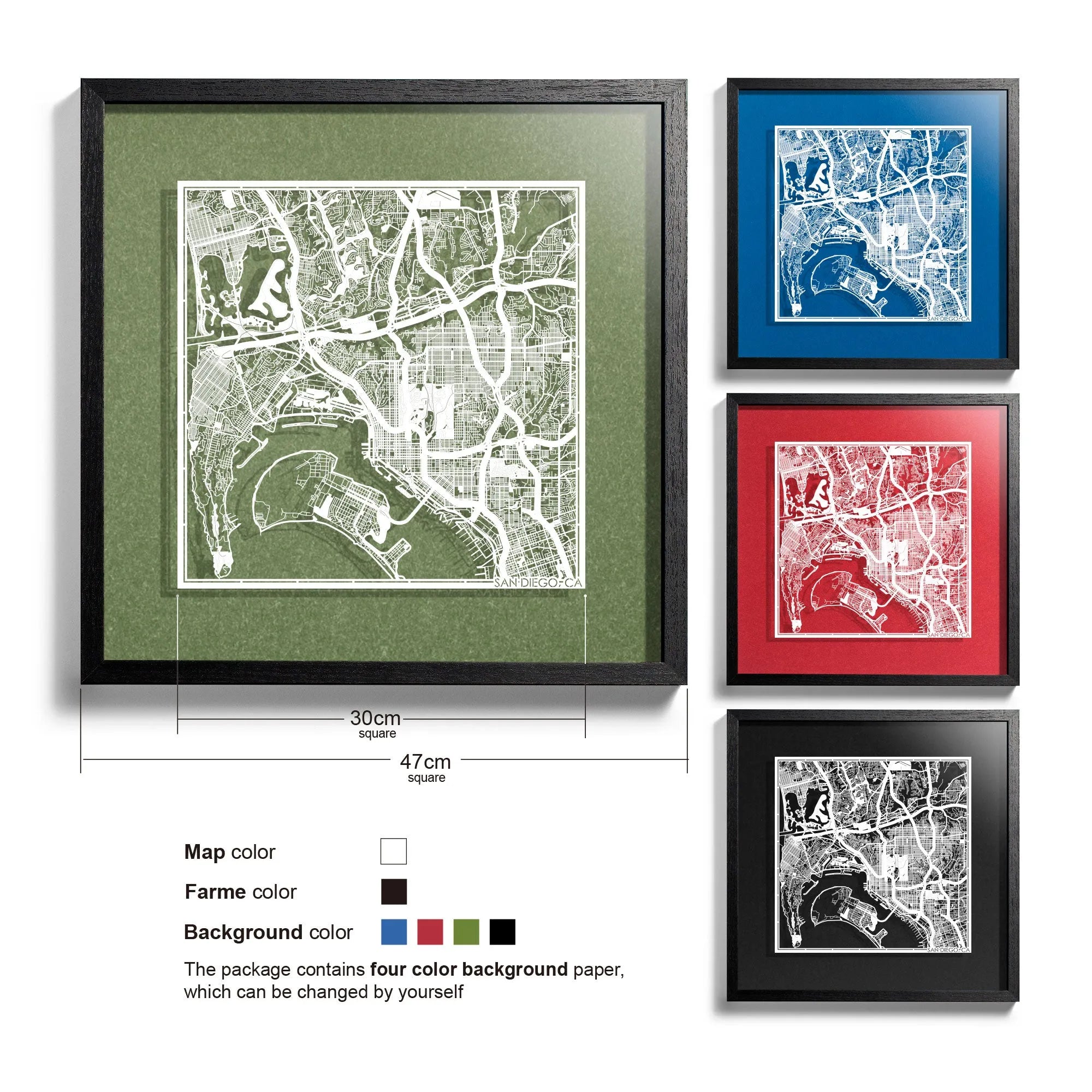 o3designstudio San Diego, CA-Paper-cut-map-framed-18-inch-White map / Black frame-45MF2014BW