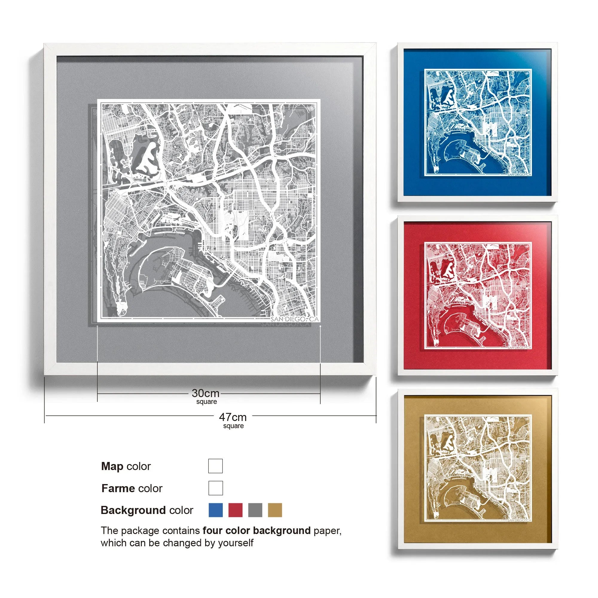 o3designstudio San Diego, CA-Paper-cut-map-framed-18-inch-White map / White frame-45MF2014WW